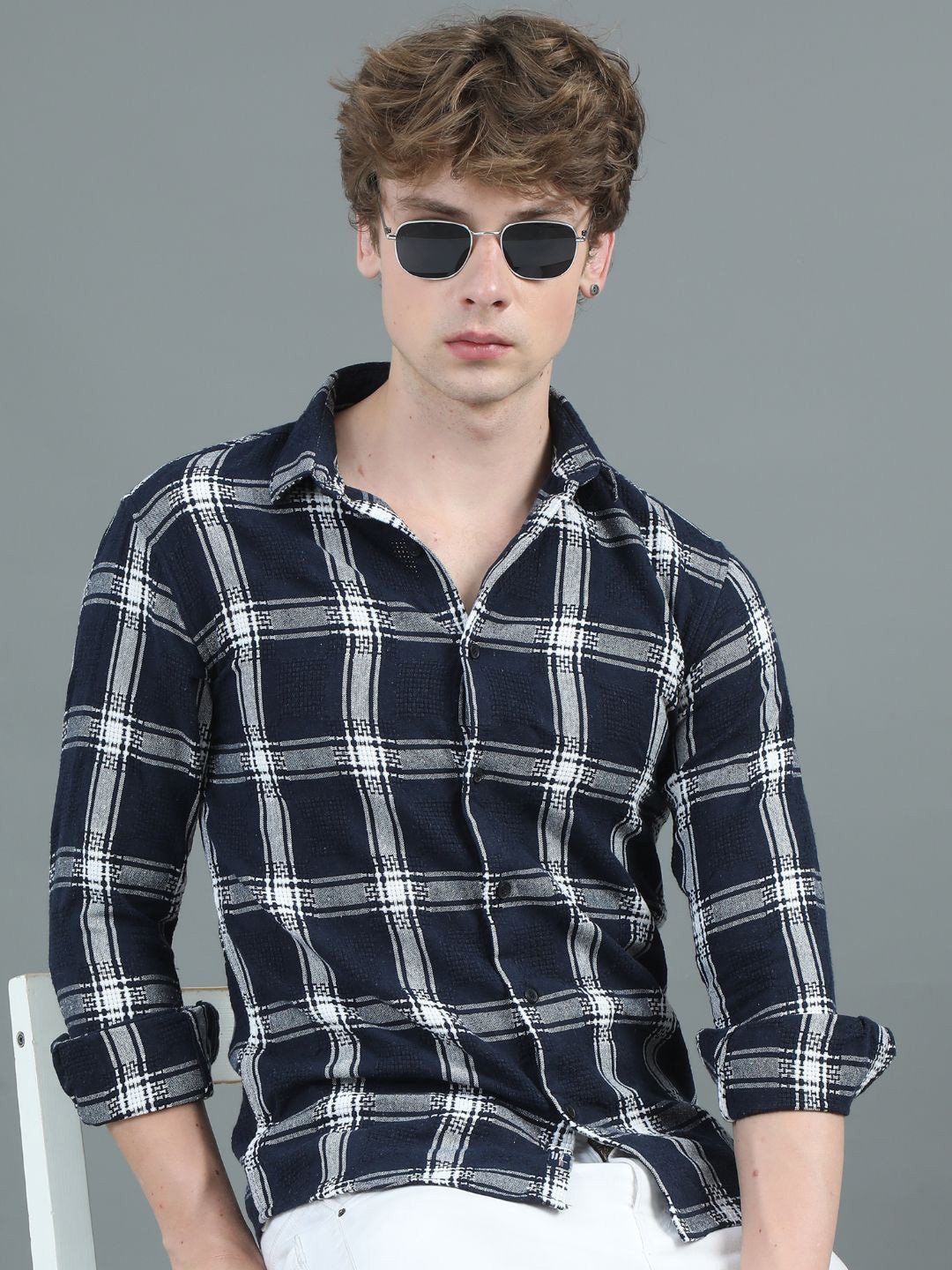 

PAUL STREET Men Modern Tailored Fit Opaque Checked Casual Shirt, Navy blue