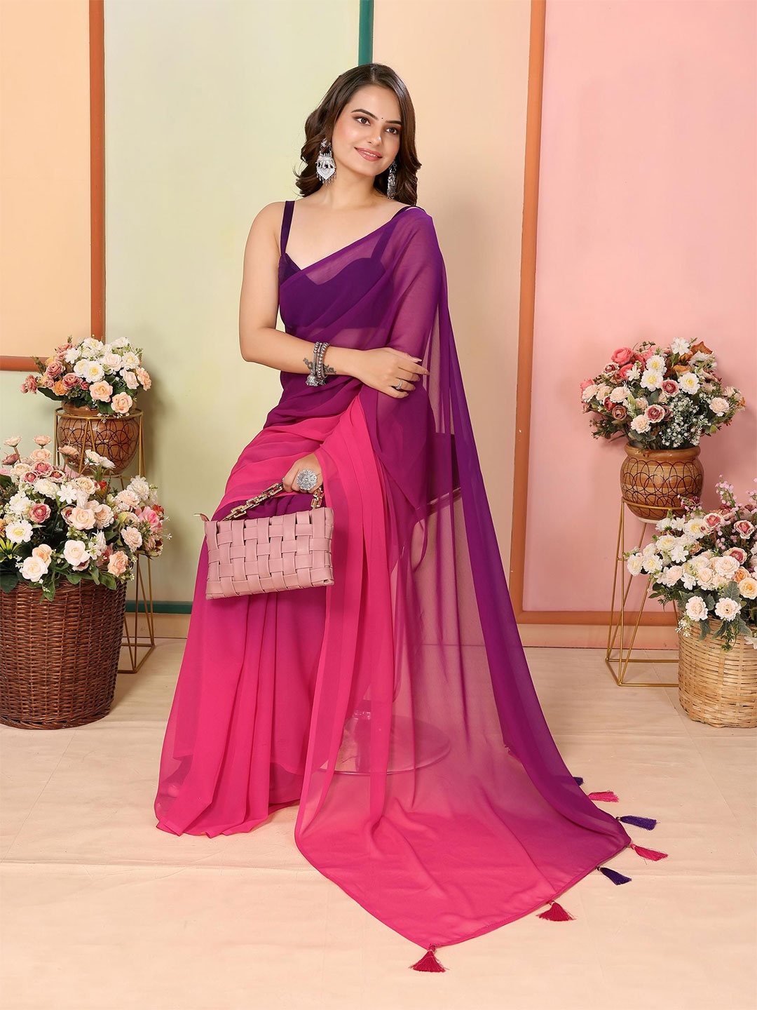 

HERE&NOW Ombre Poly Georgette Ready to Wear Saree, Purple