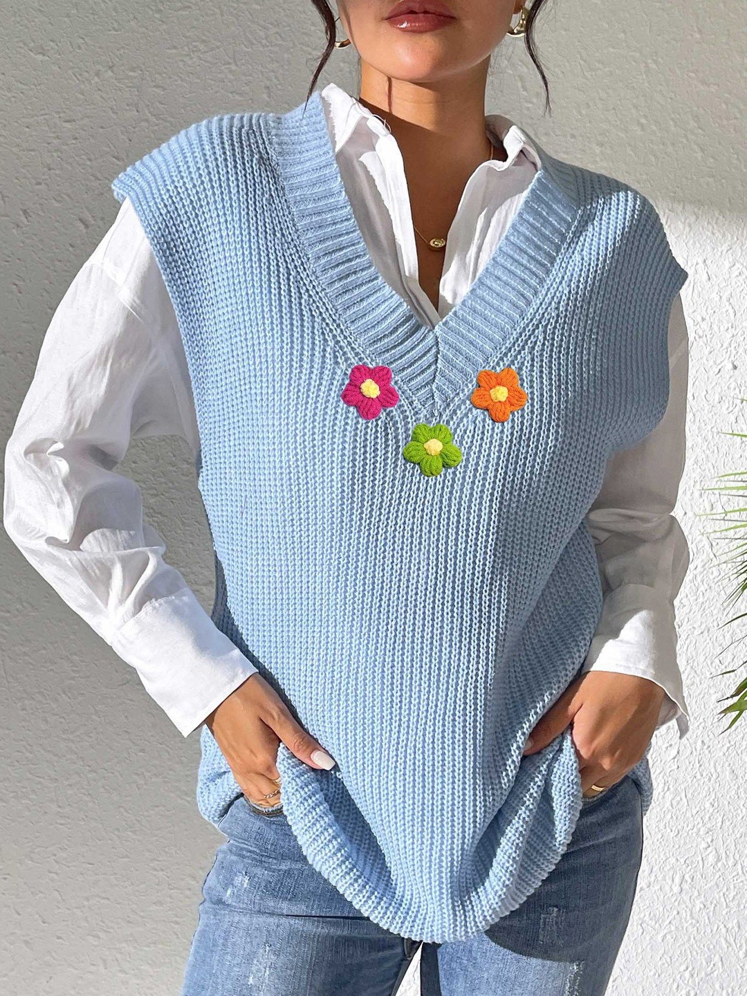 

StyleCast Women Embroidered Sweater Vest with Embroidered Detail, Blue