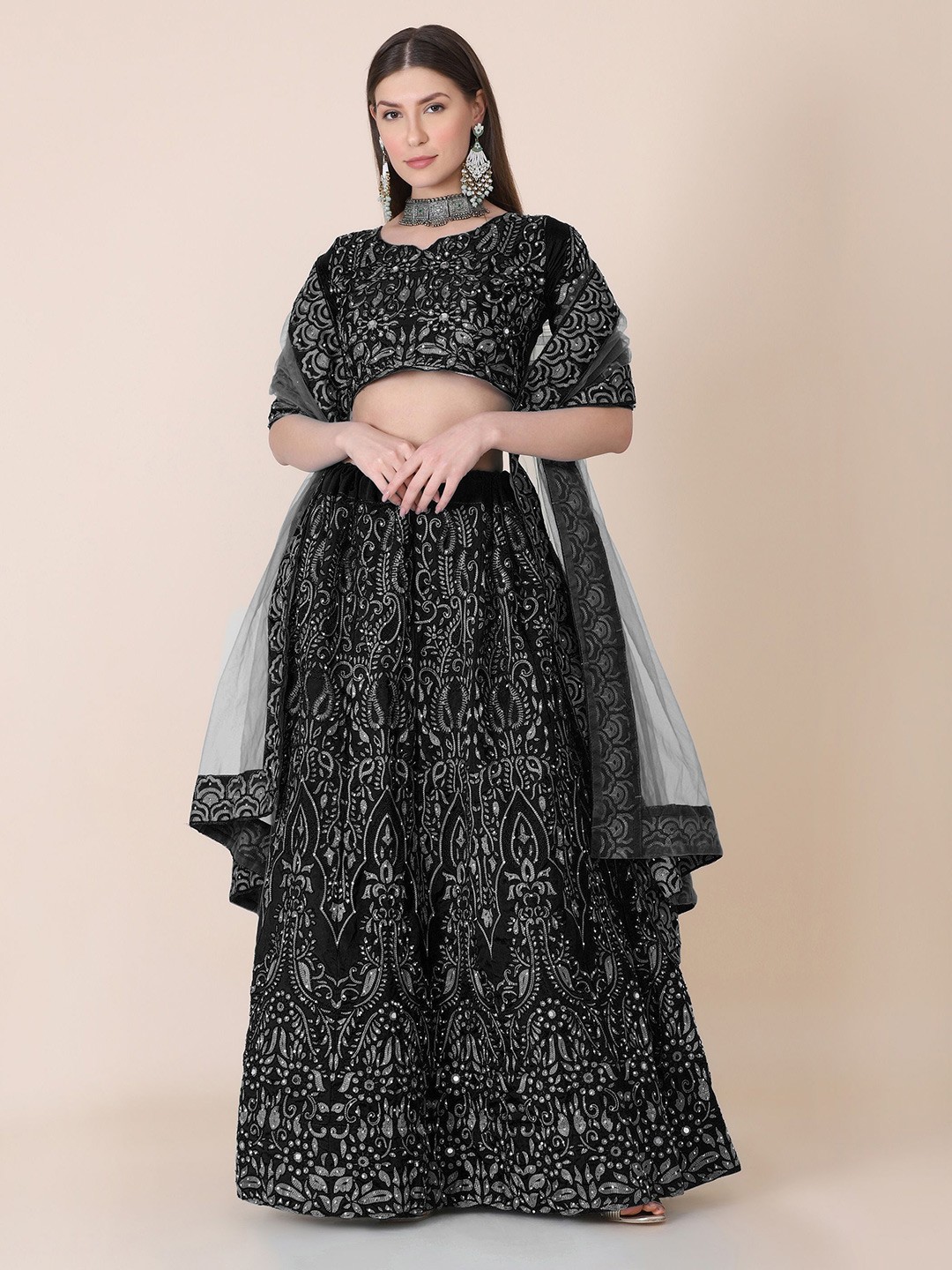 

Warthy Ent Embroidered Thread Work Semi-Stitched Lehenga & Unstitched Blouse With Dupatta, Black