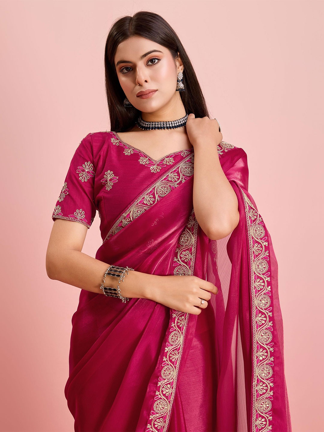 

HERE&NOW Sequinned Embroidered Ready to Wear Saree, Pink