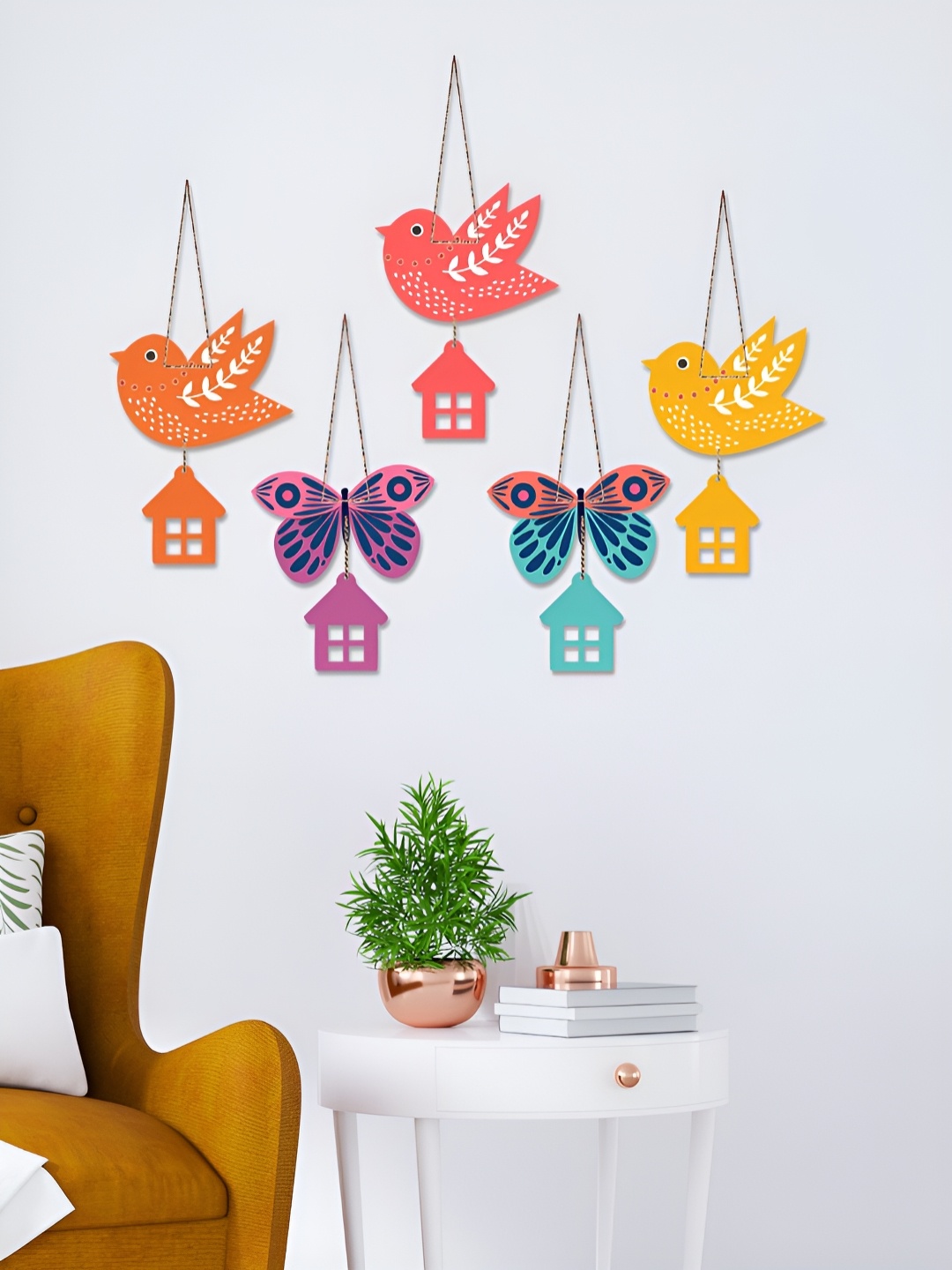 

ArtVibes 5-Pcs Yellow & Pink Birds & Butterfly Wooden Wall Hanging, Red