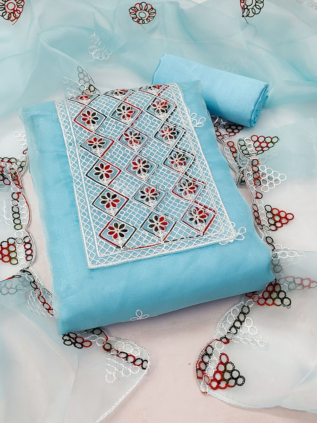 

Maroosh Embellished Organza Unstitched Dress Material, Turquoise blue