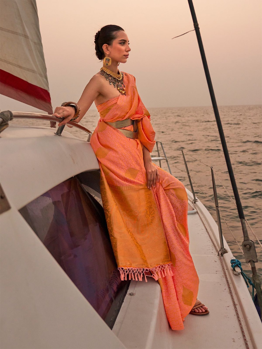 

ODETTE Woven Design Zari Satin Saree, Peach