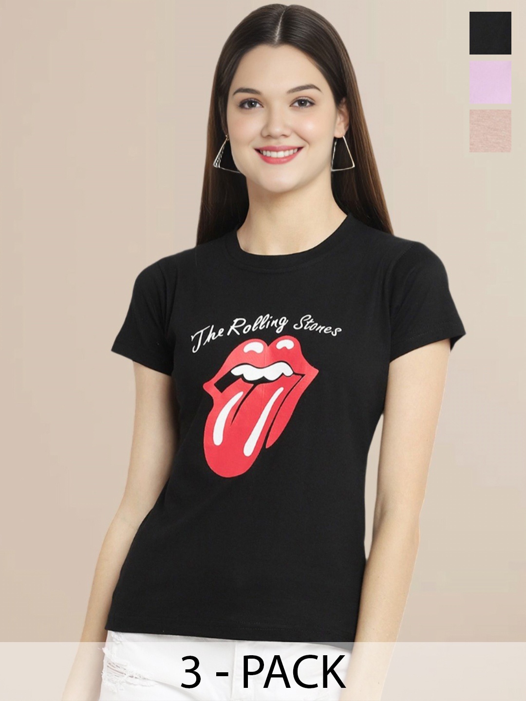 

Metronaut Women Pack Of 3 Typography Printed Round Neck Cotton T-shirts, Black