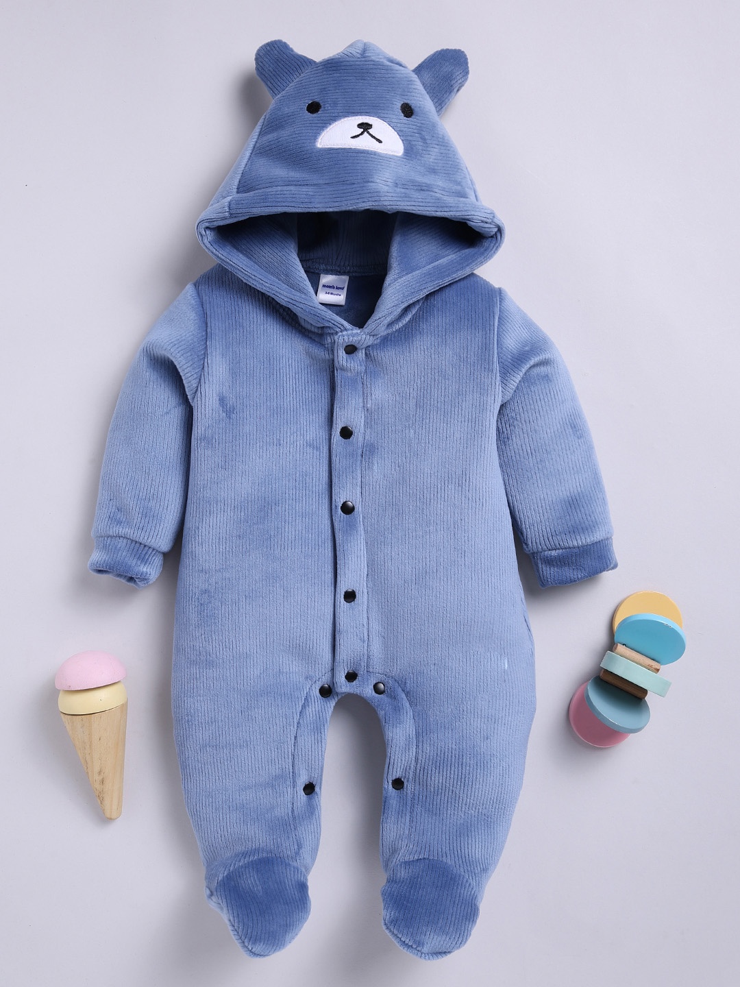 

Moms Love Infant Boys Pure Cotton Velvet Finish Ribbed Hooded Sleepsuit, Blue