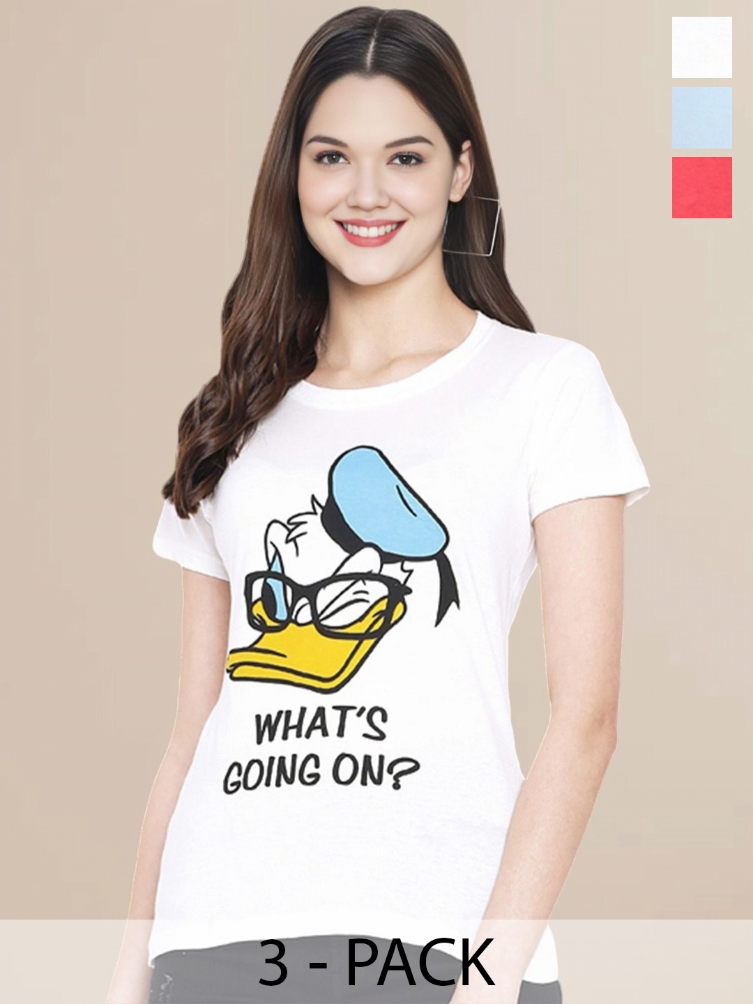 

Metronaut Women Pack Of 3 Typography Printed Round Neck Cotton Donald Duck T-shirts, Coral