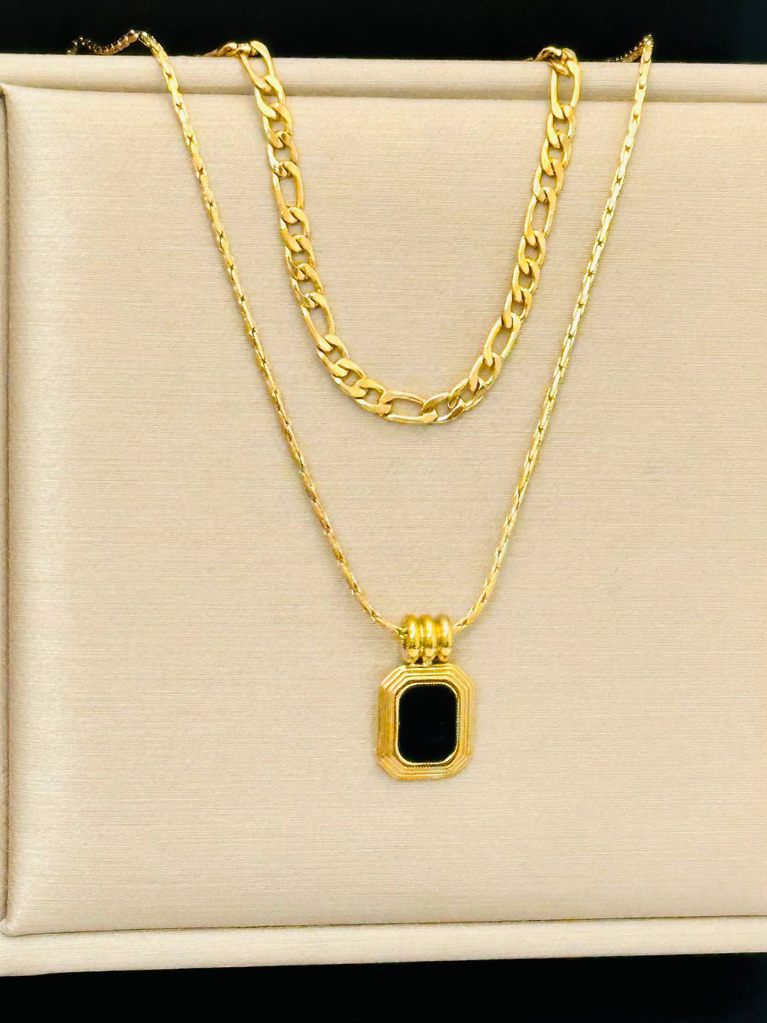 

Just Lil Things Rectangle Shape Stone Studded Pendant With Chain, Gold