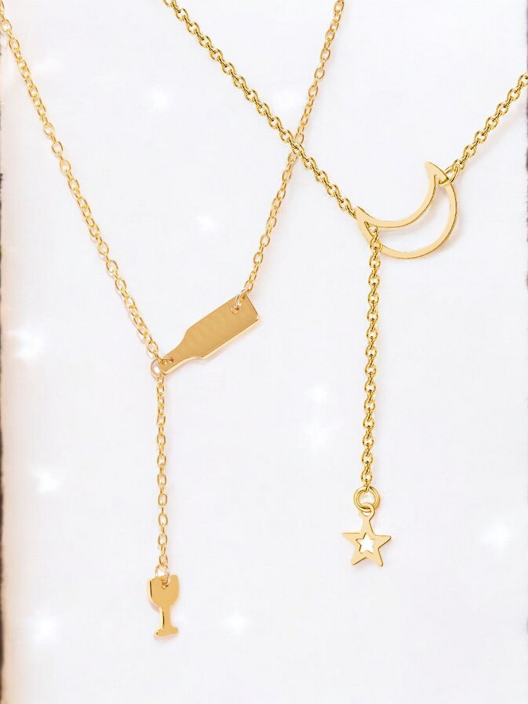 

DressBerry Gold Toned Set Of 2 Layered Star Moon & Wine Glass Lariat Necklaces