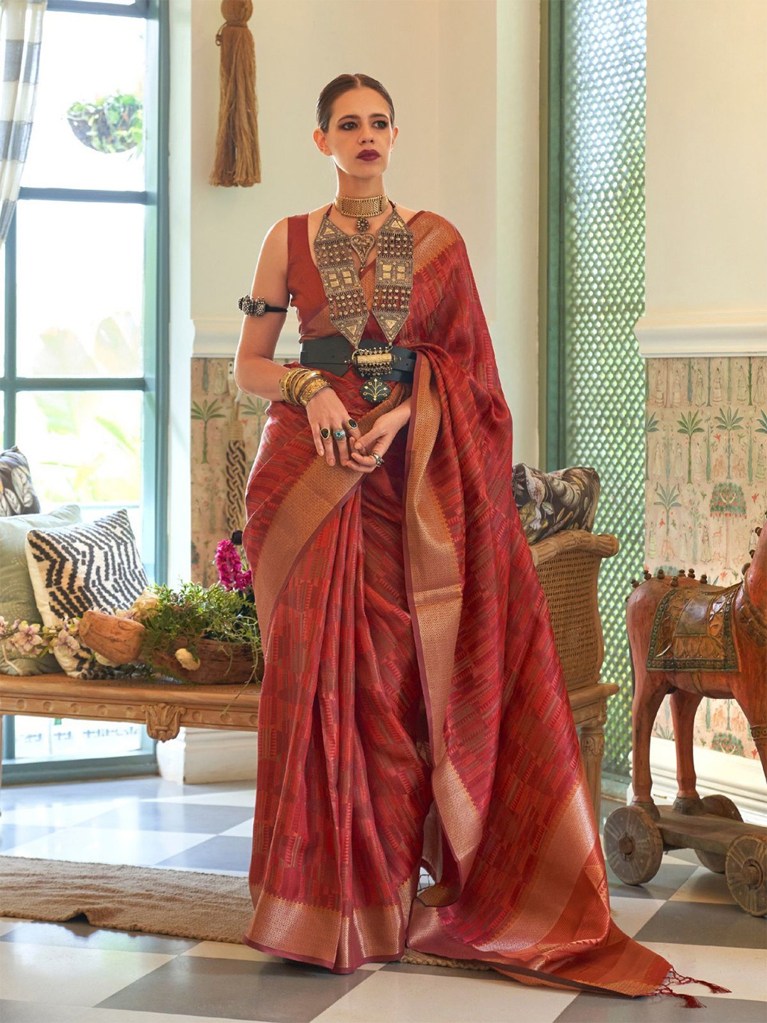 

ODETTE Woven Design Zari Organza Saree, Red