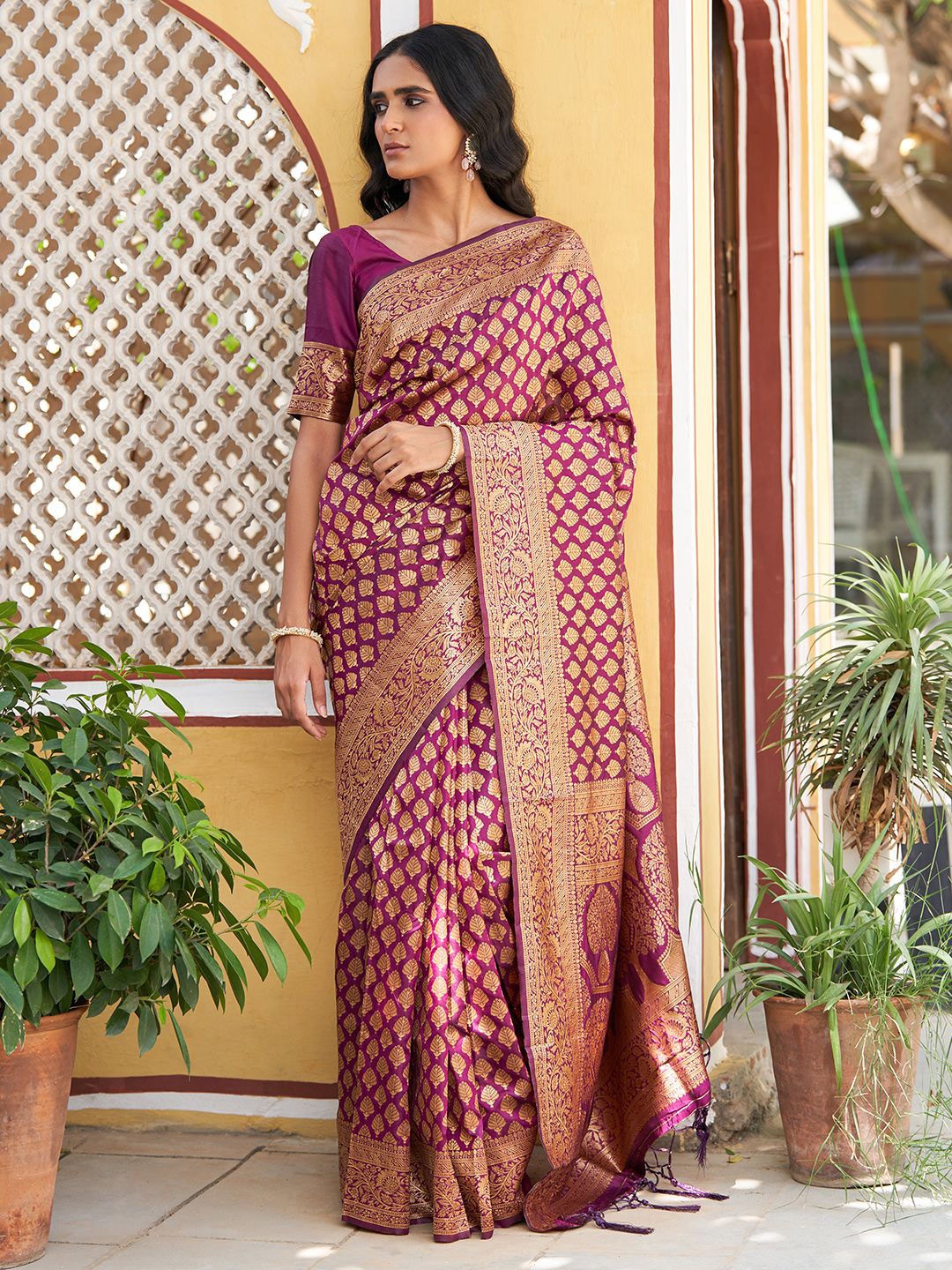 

KALINI Woven Design Zari Silk Blend Saree, Purple