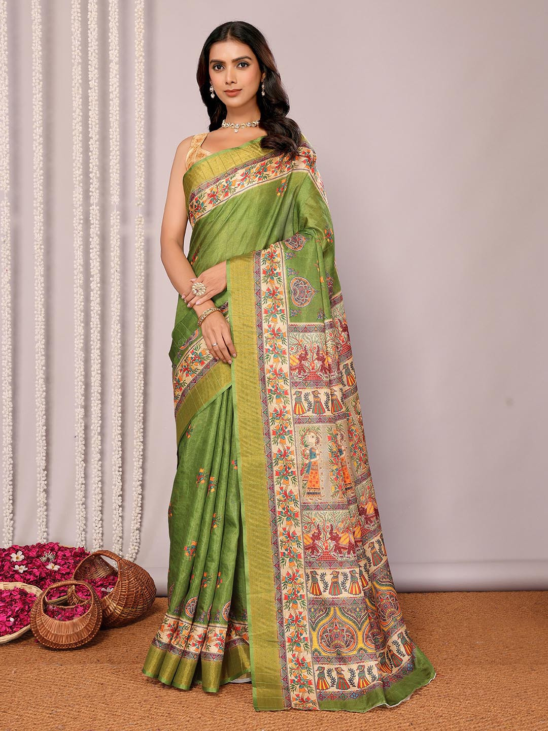 

KALINI Kalamkari Silk Blend Saree, Green