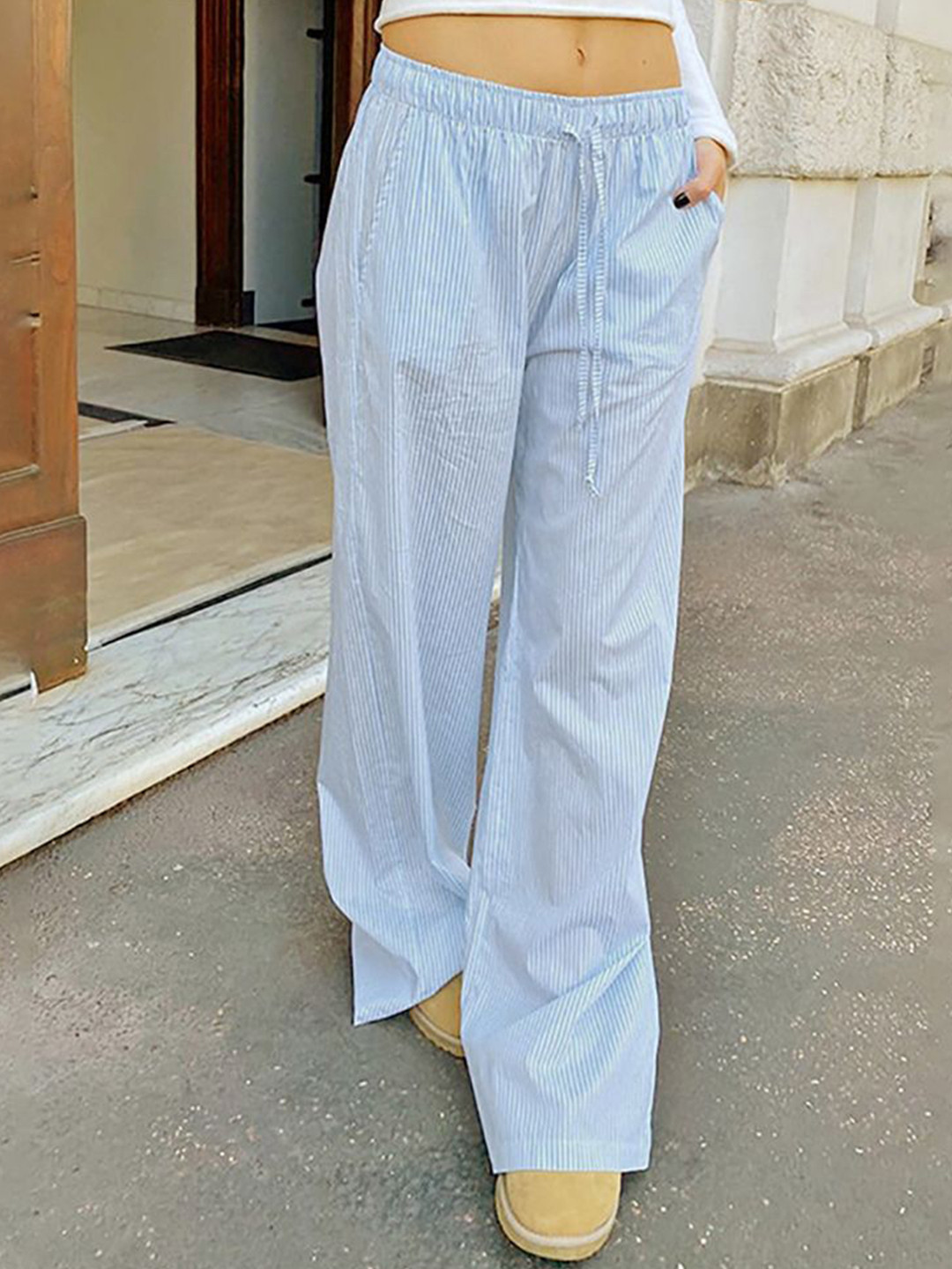 

StyleCast x Revolte Women Striped Loose Fit Low-Rise Easy Wash Trousers, Blue