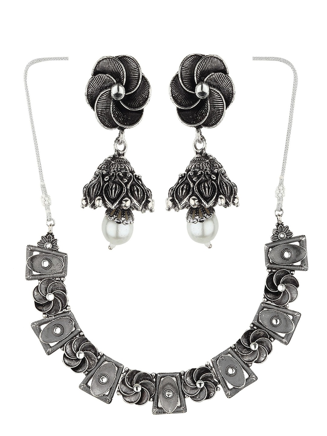 

Rhosyn Silver-Toned Oxidised Necklace with Earring