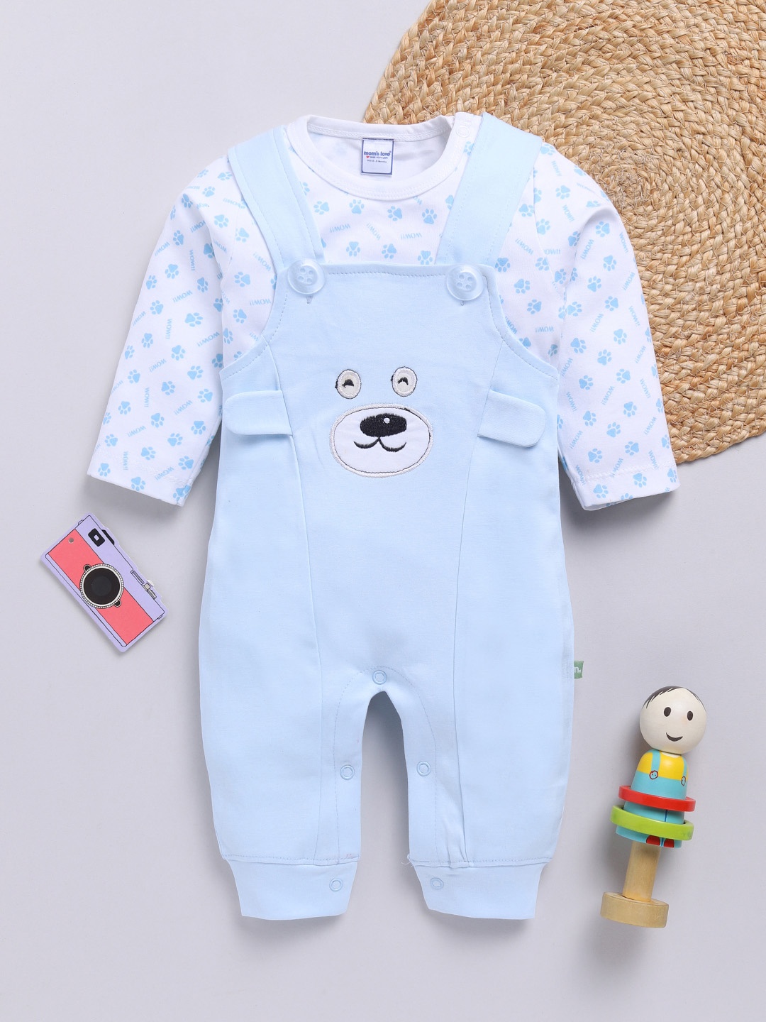 

Moms Love Infants Boys Pure Cotton Embroidered Detail Dungaree With Printed T-Shirt, Blue