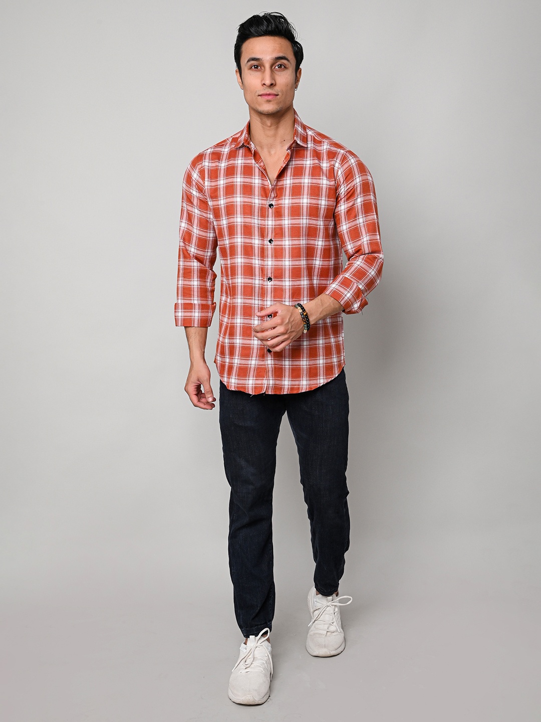 

Tanip Men Comfort Sheer Checked Casual Shirt, Orange