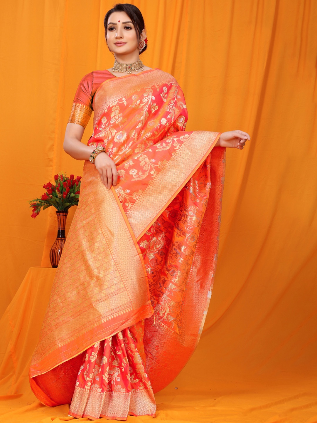 

Royal Rajgharana Saree Woven Design Zari Pure Silk Banarasi Sarees, Orange