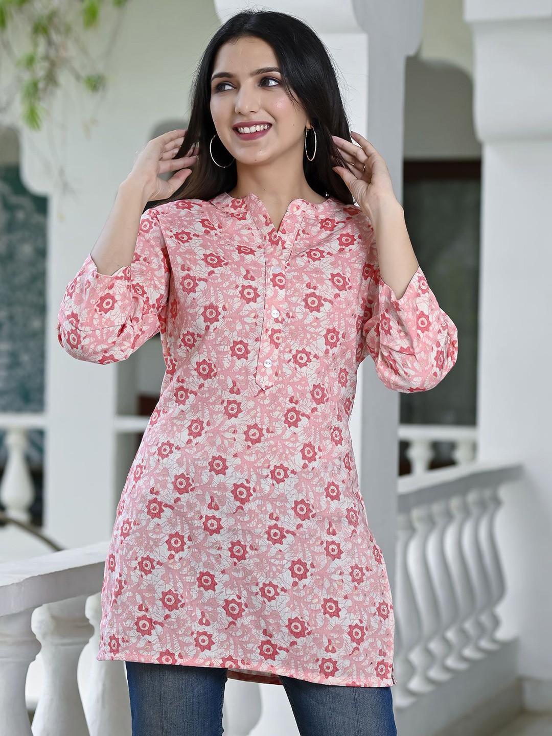 

Peachmode Floral Print Mandarin Collar Top, Pink