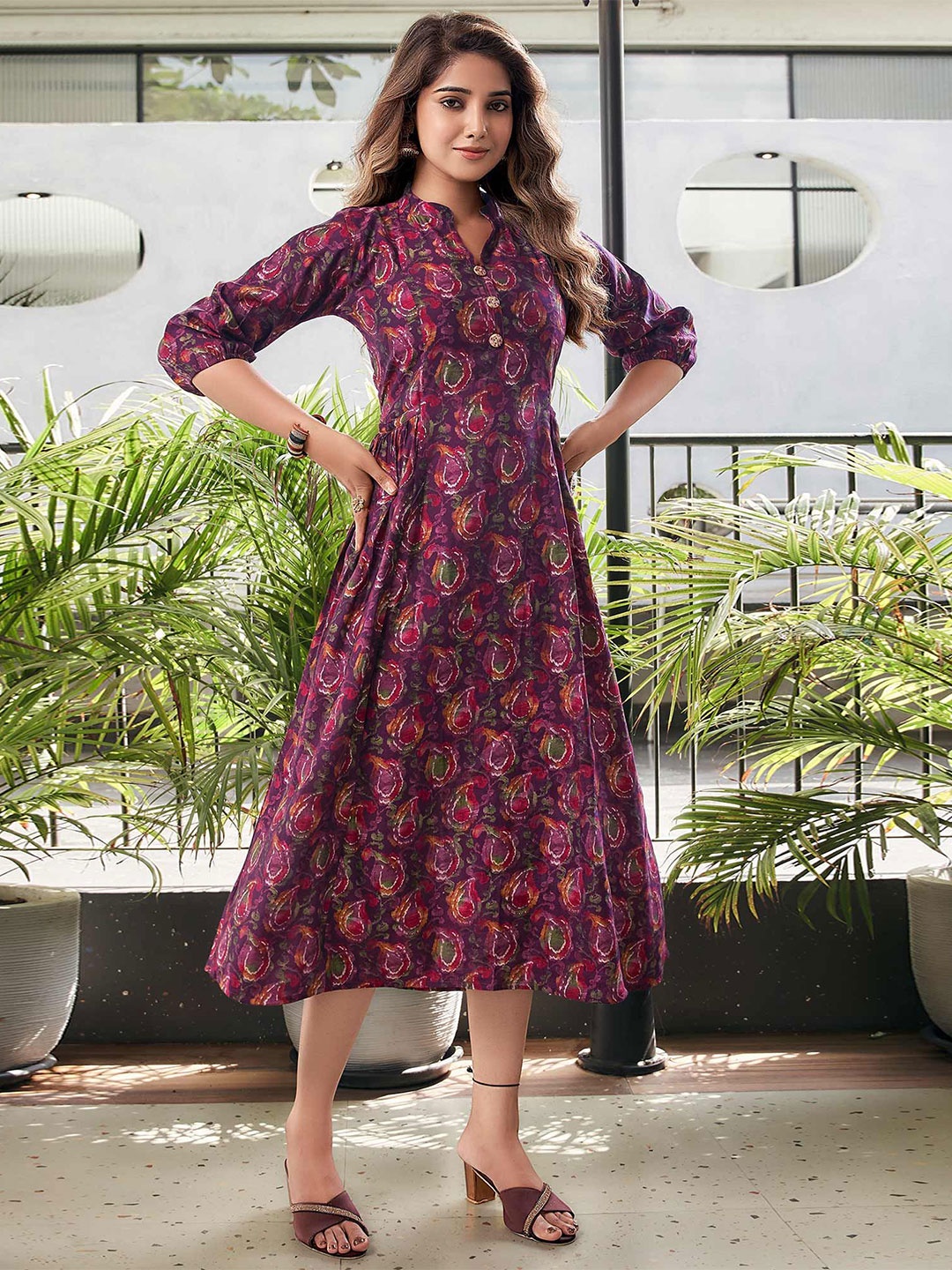 

Peachmode Floral Print A-Line Midi Dress, Purple