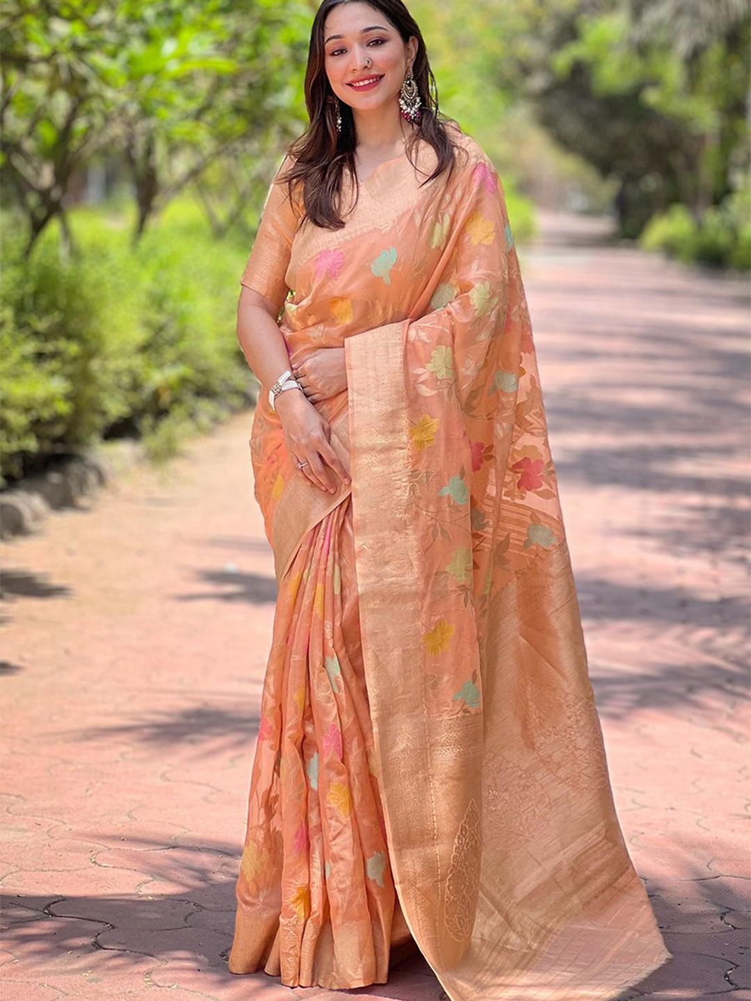 

DEVATITHI Woven Design Zari Organza Saree, Orange