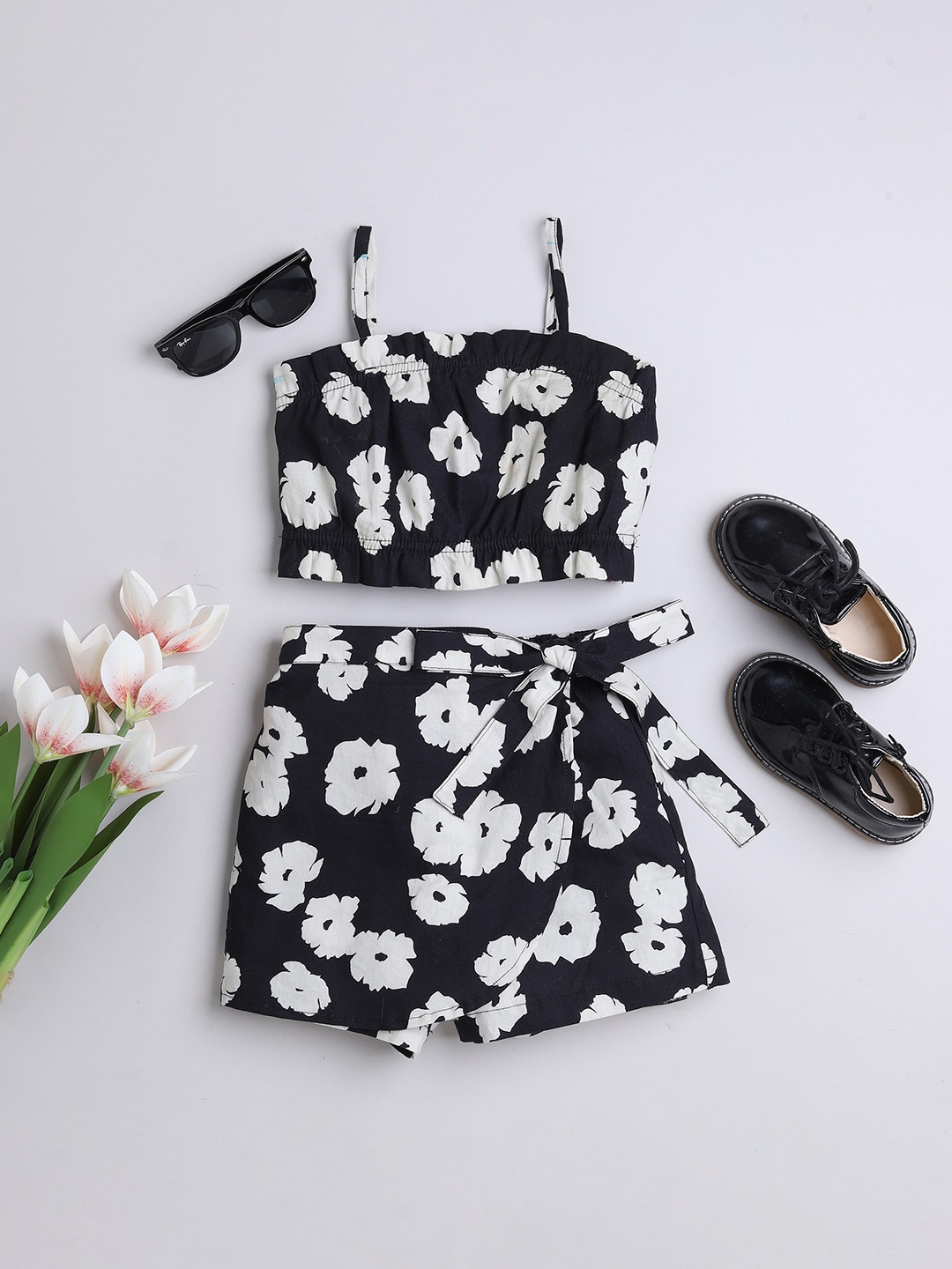 

taffykids Girls Printed Top with Skirt, Black