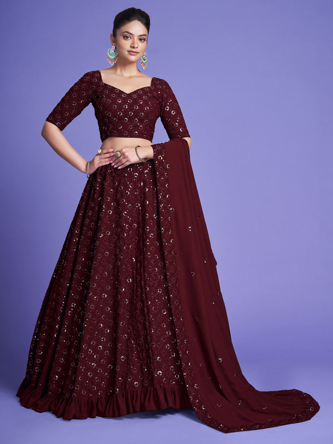 

YOYO Fashion Embroidered Sequinned Semi-Stitched Lehenga & Unstitched Blouse With Dupatta, Maroon
