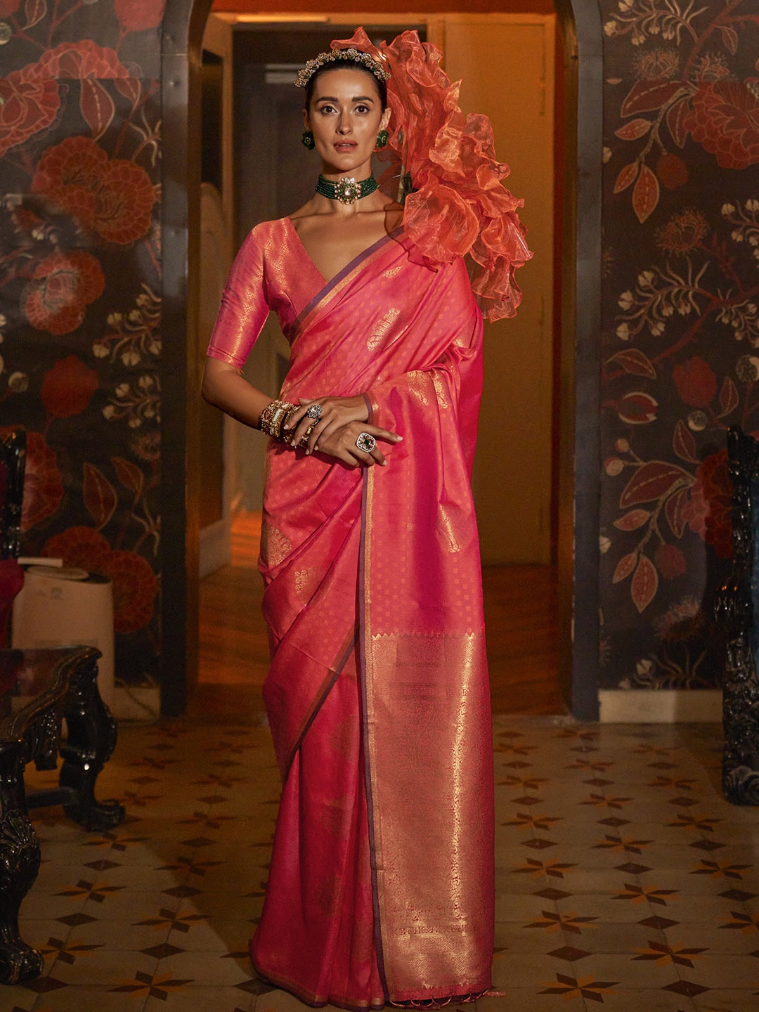 

Mitera Woven Design Zari Silk Blend Saree, Red