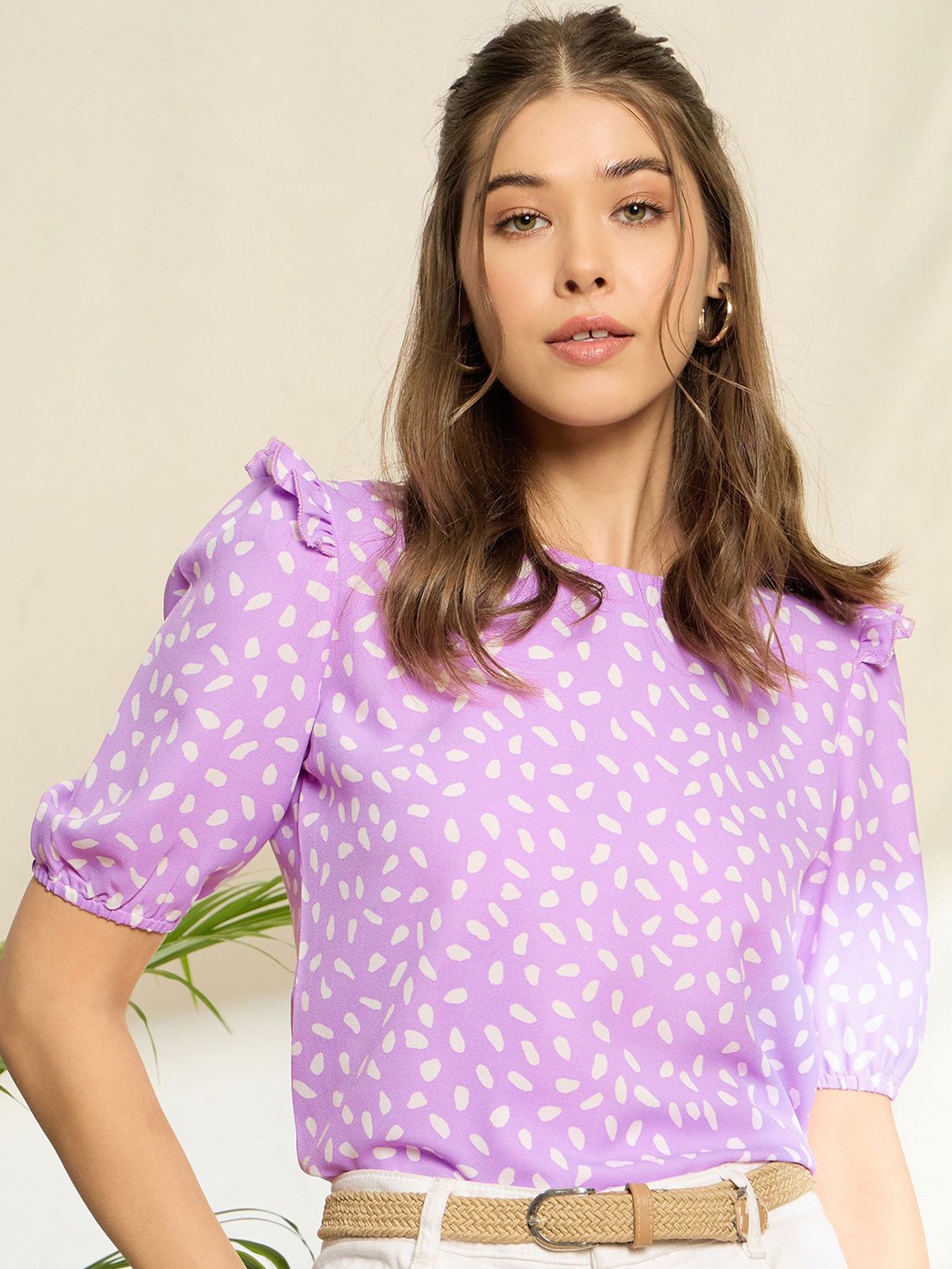 

Berrylush Polka Dot Print Puff Sleeve Top, Purple