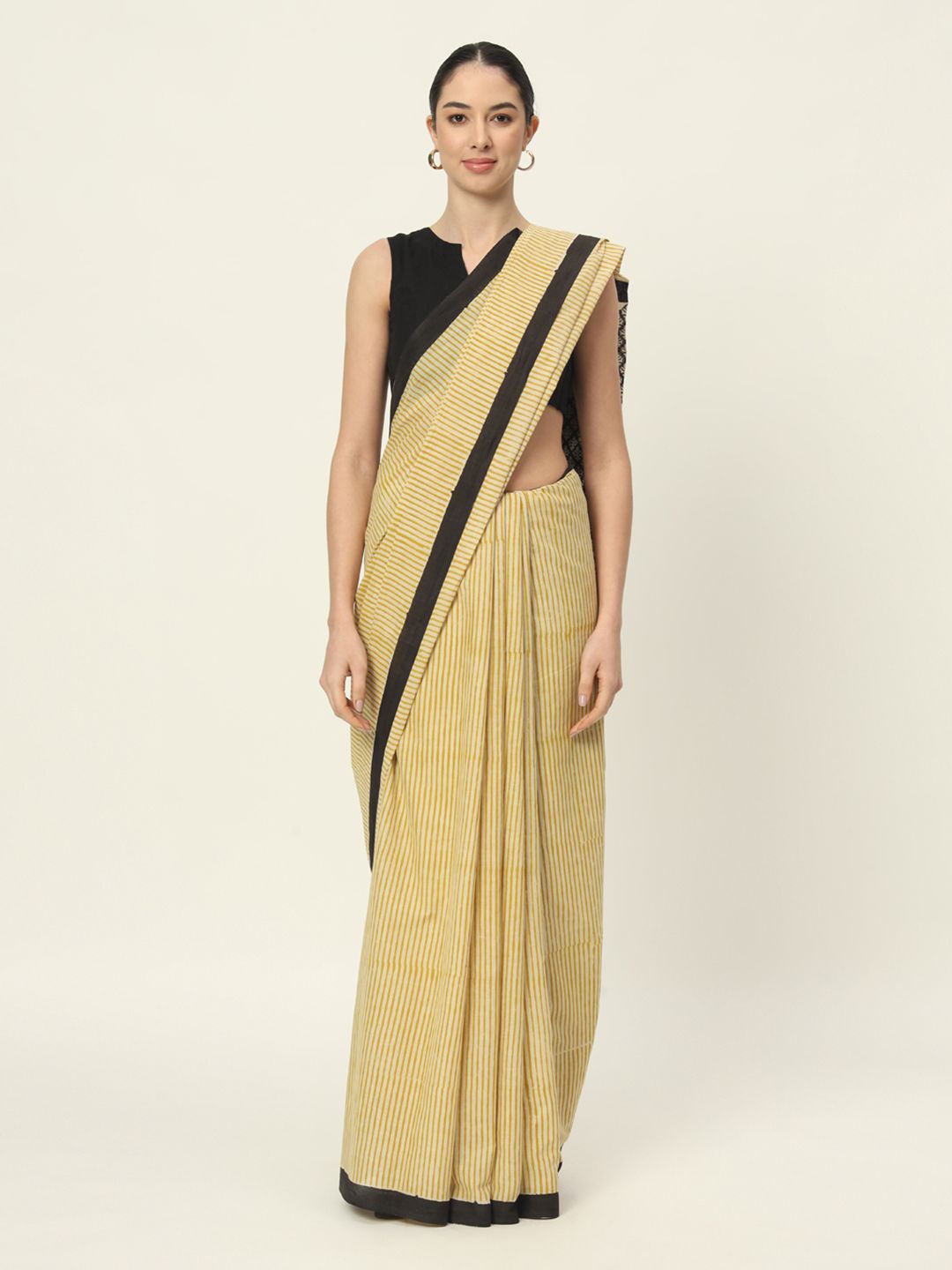 

Thevasa Striped Pure Cotton Block Print Saree, Beige