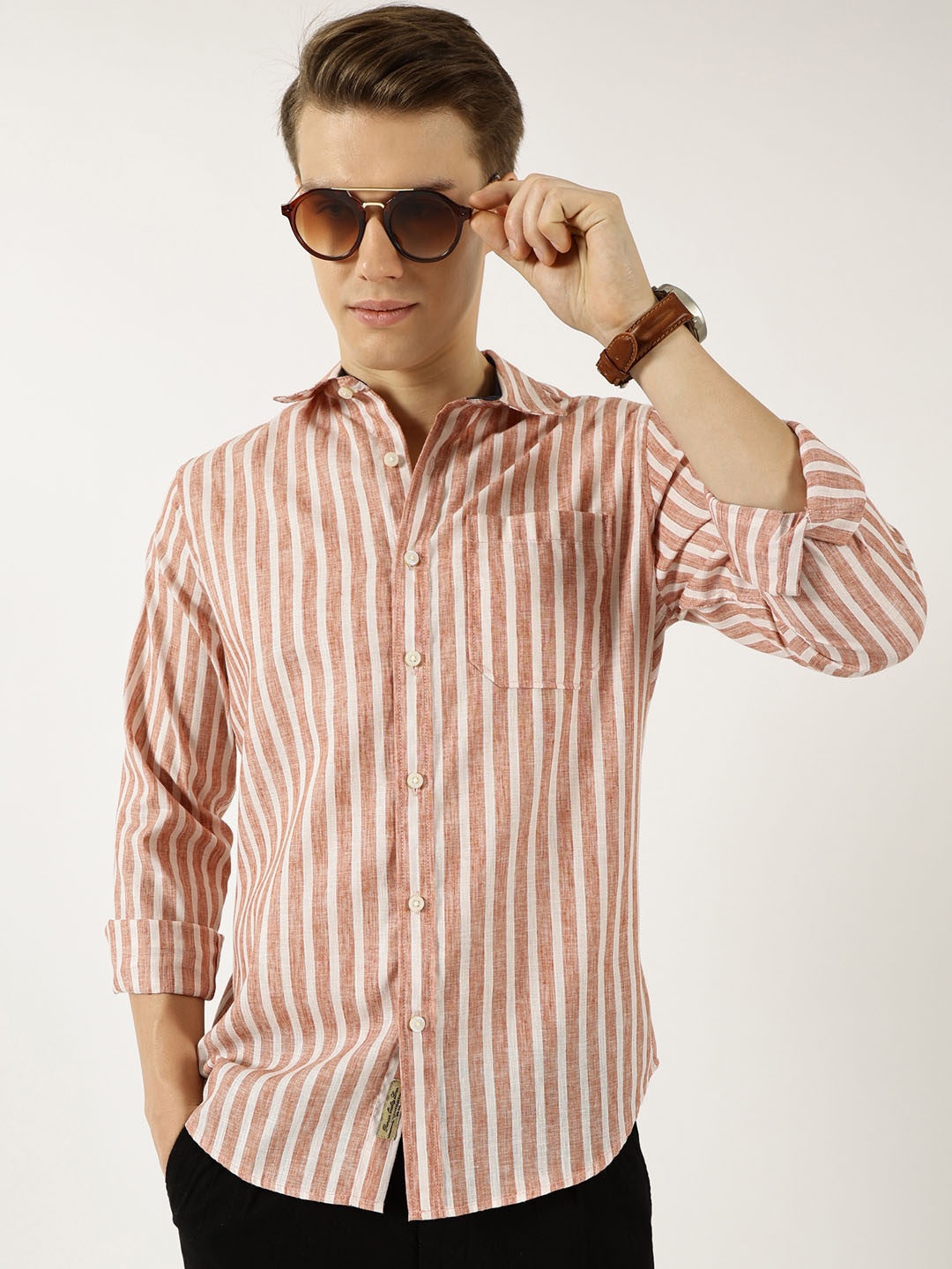 

Thomas Scott Men Classic Slim Fit Opaque Striped Casual Shirt, Rust