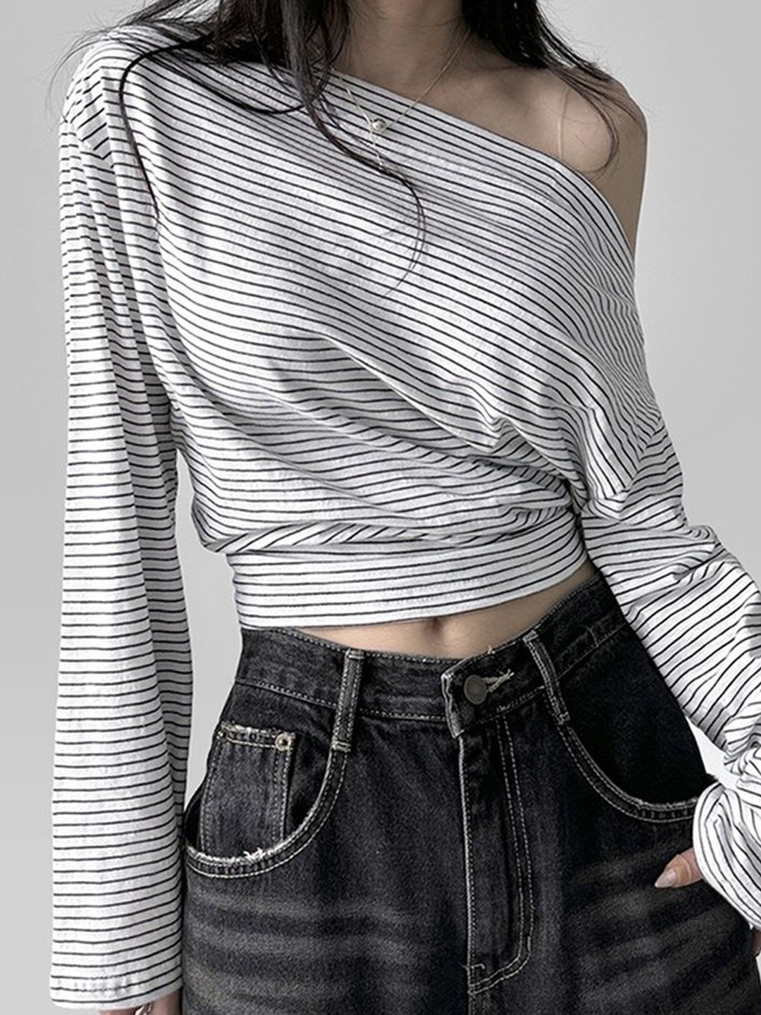 

LULU & SKY Striped One Shoulder Cotton Crop Top, White