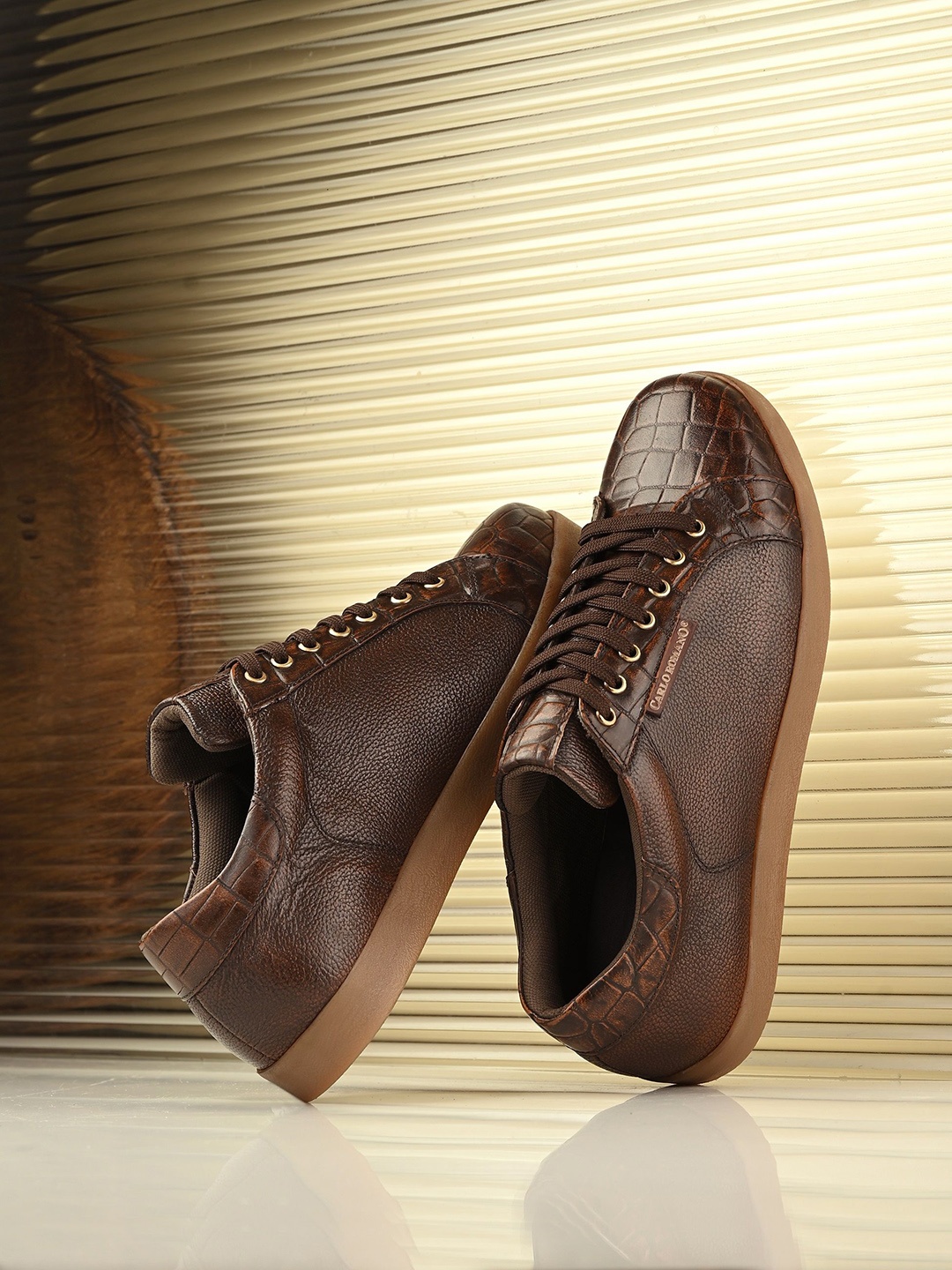 

CARLO ROMANO Men Printed Leather Sneakers, Tan