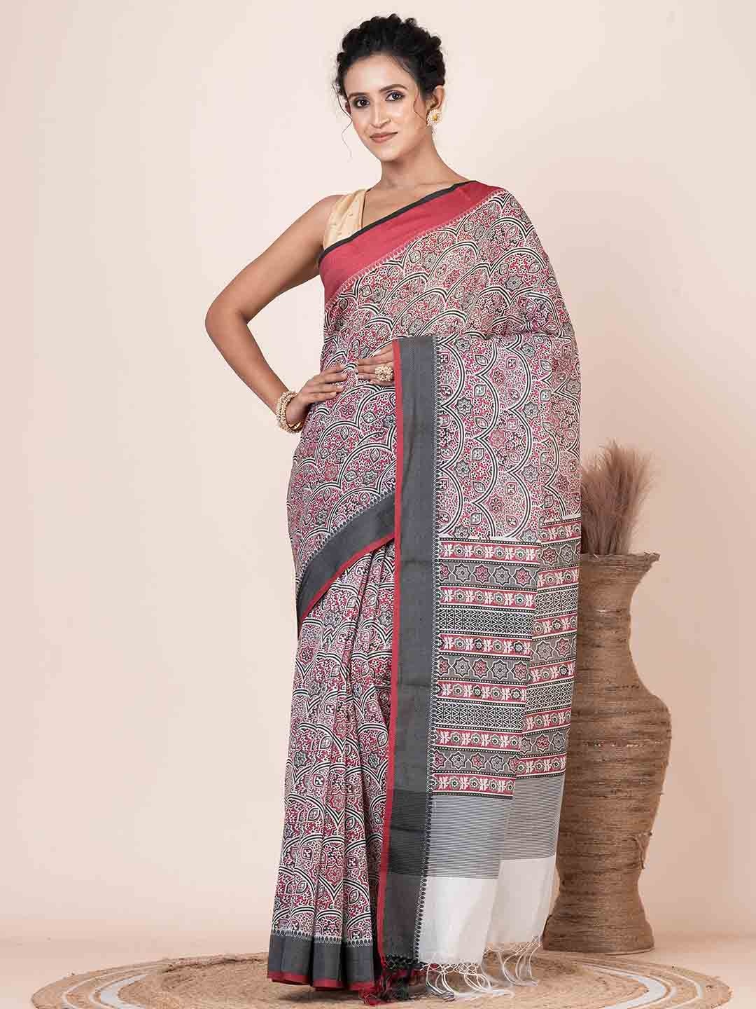 

VIBHAVARI Floral Pure Cotton Saree, Red