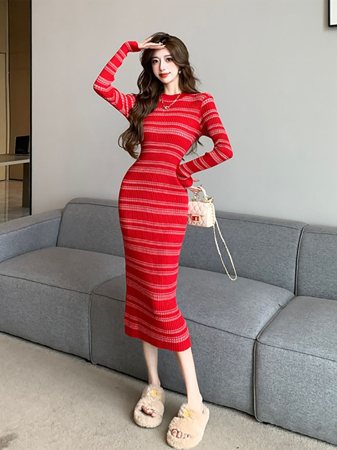 

StyleCast x Revolte Striped Bodycon Midi Dress, Red