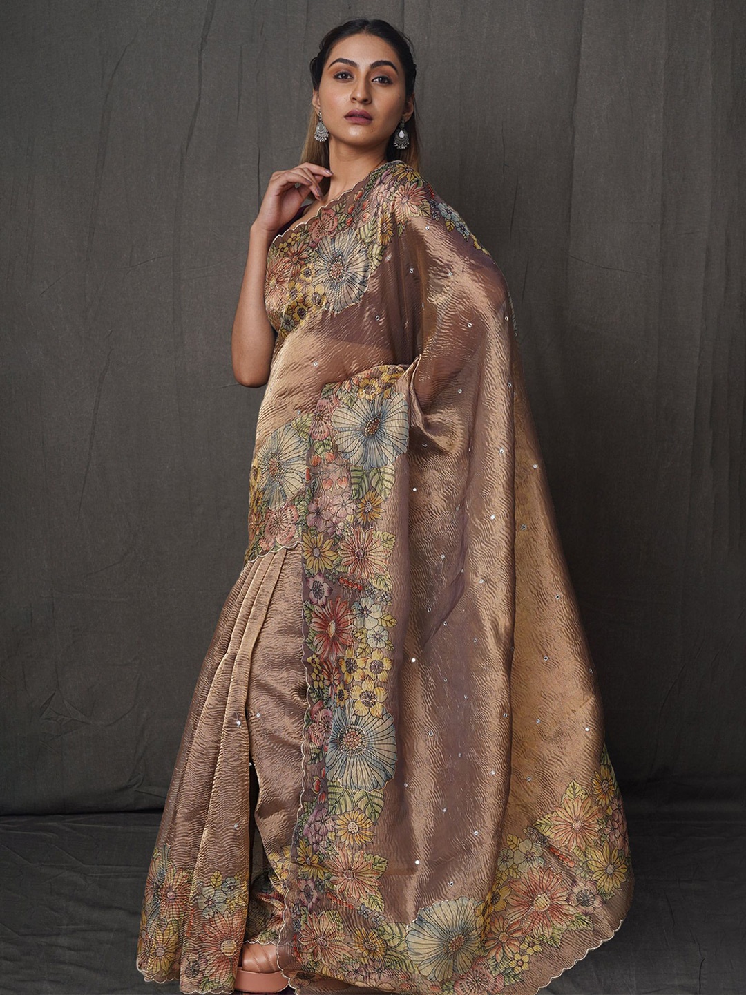 

Unnati Silks Floral Embroidered Organza Handloom Block Print Saree, Brown