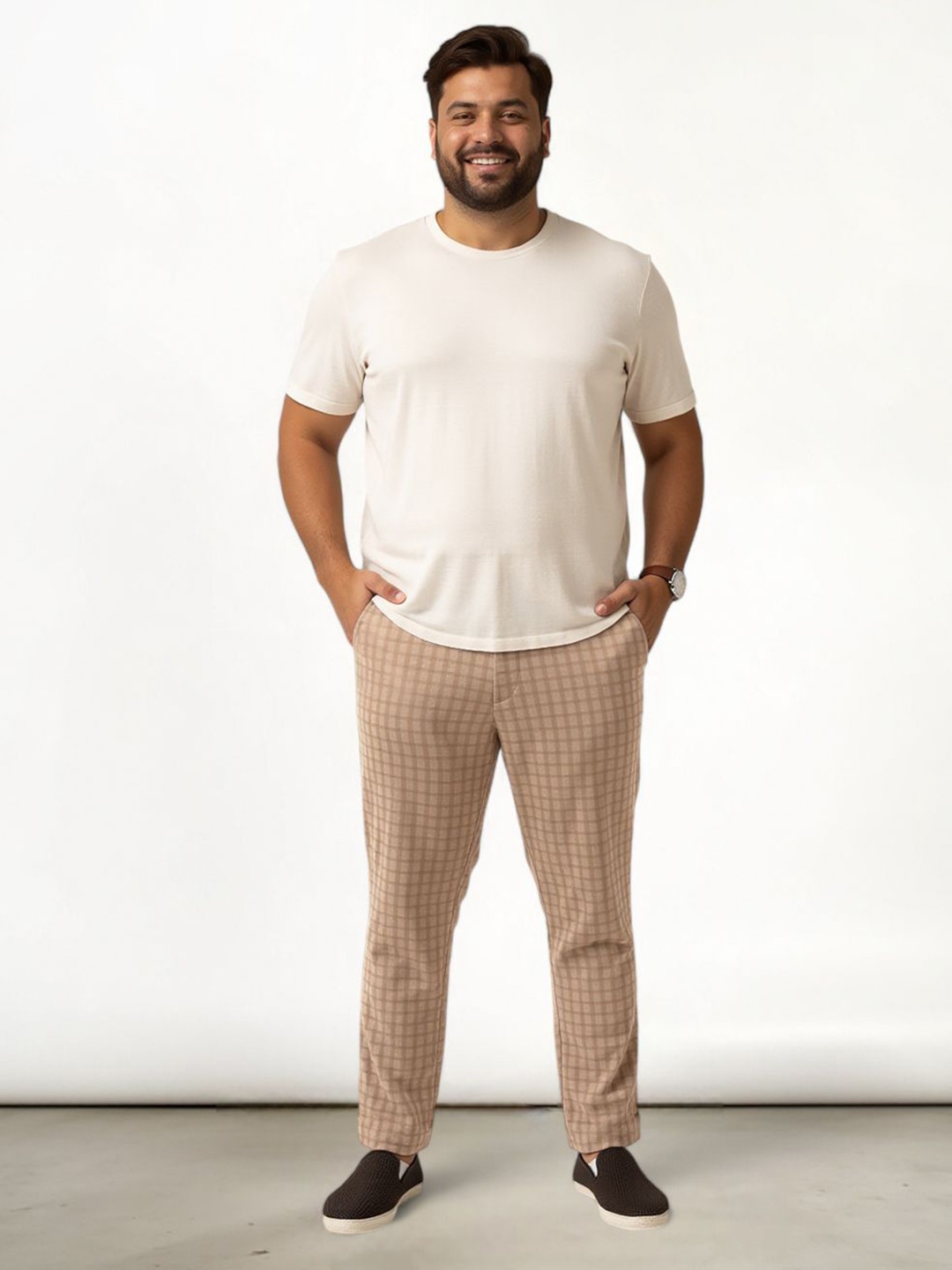 

The Pant Project Men Plus Size Checked Comfort Slim Fit Wrinkle Free Trousers, Khaki