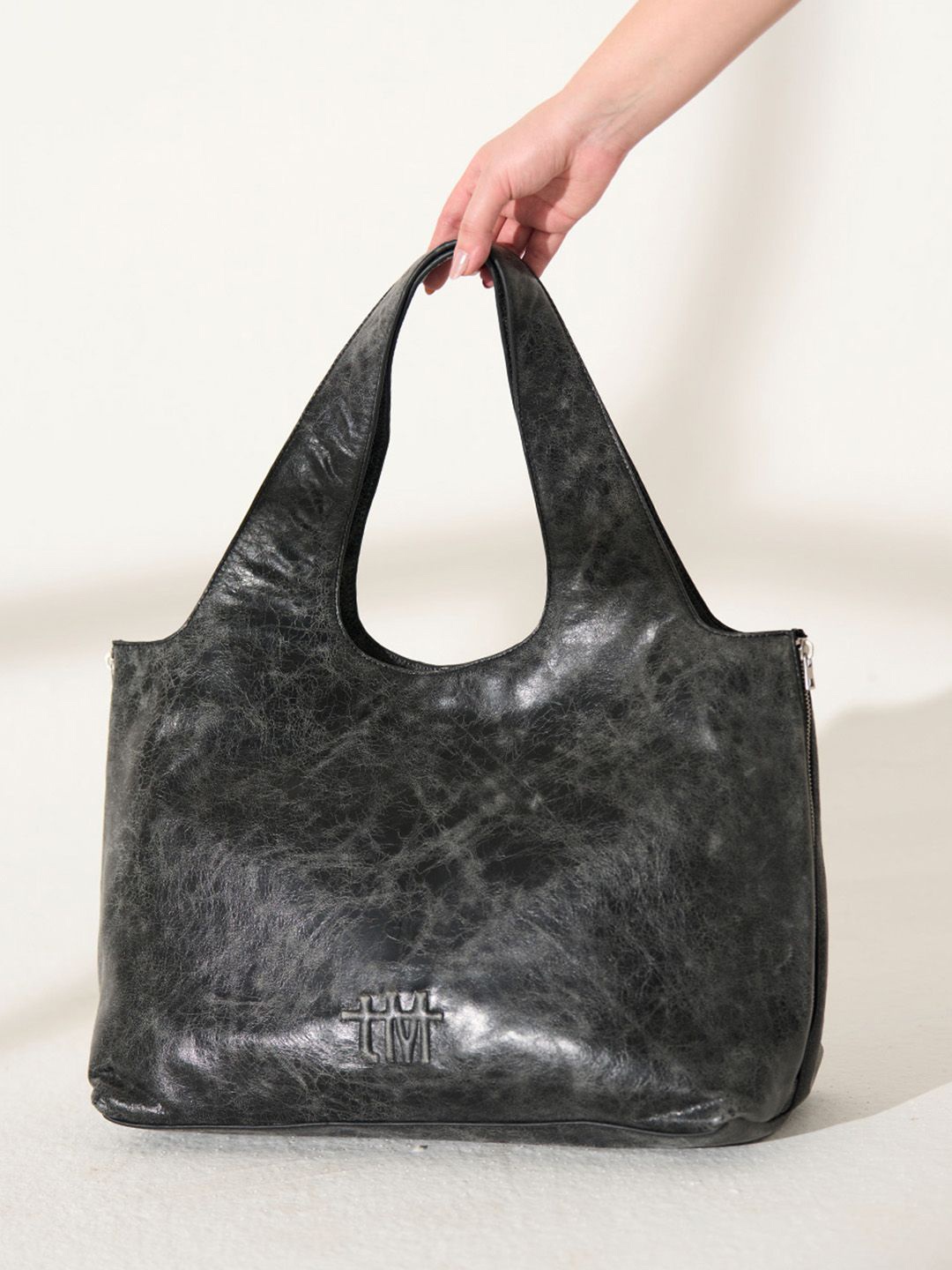 

the Misnomer Unisex Textured Leather Oversized Tote Bag, Black