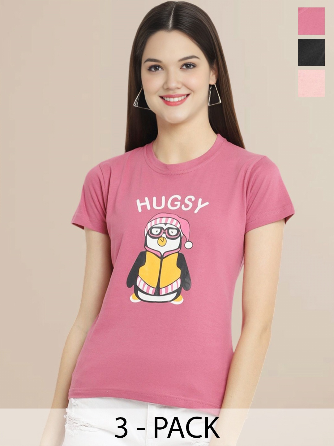

Metronaut Women Pack Of 3 Typography Printed Round Neck Cotton T-shirts, Peach