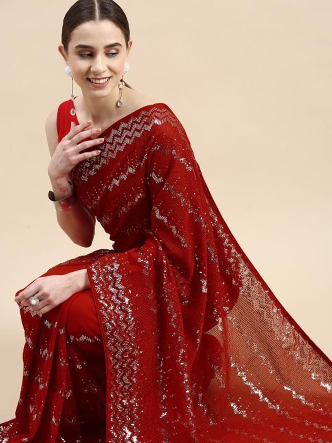 

HERE&NOW Embellished Sequinned Poly Georgette Ready to Wear Saree, Red