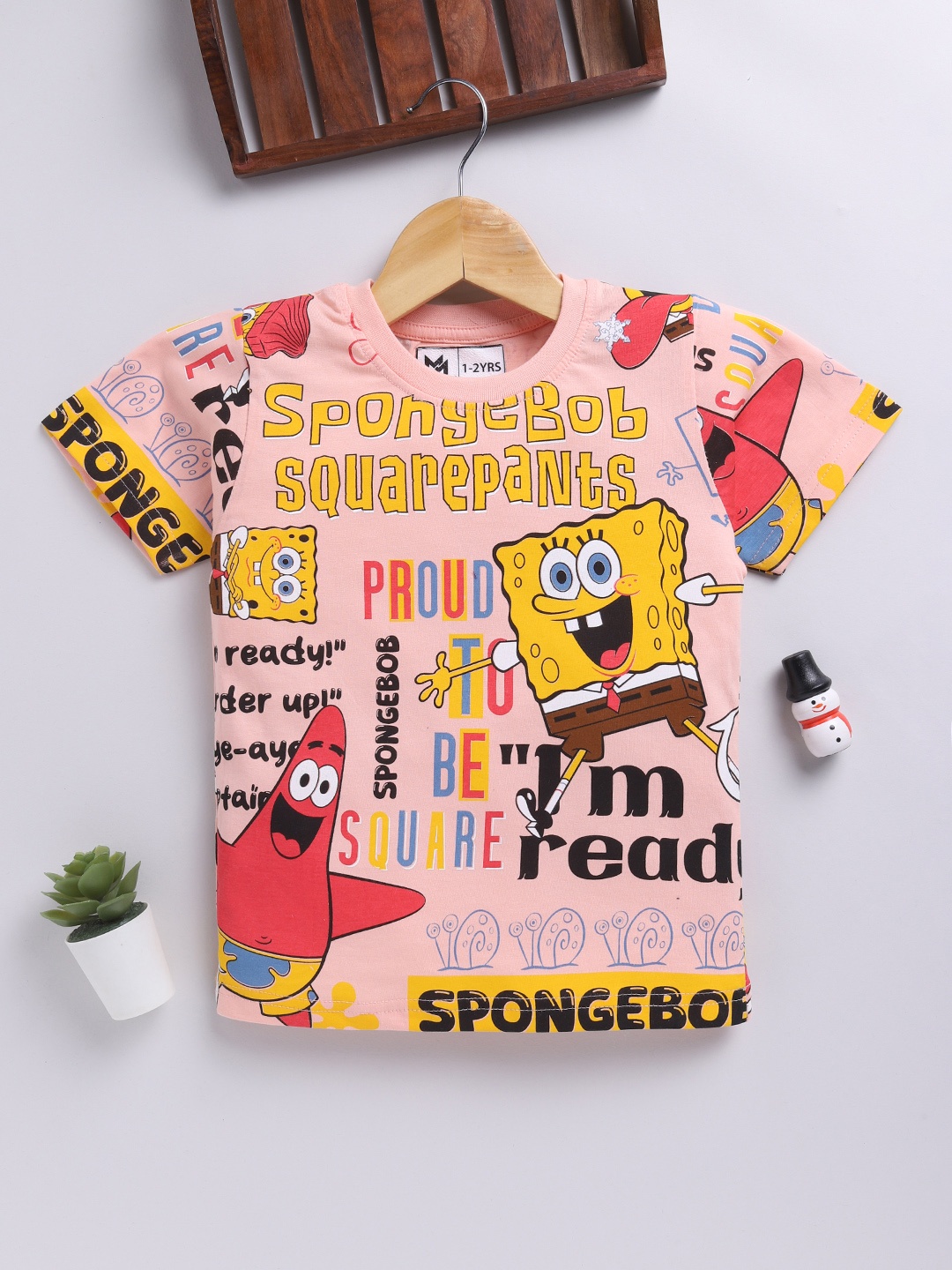 

YK X Minute Mirth Boys Spongebob Printed T-shirt, Peach