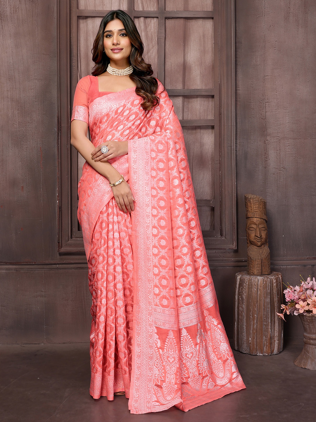 

KALINI Woven Design Zari Ready to Wear Saree, Peach