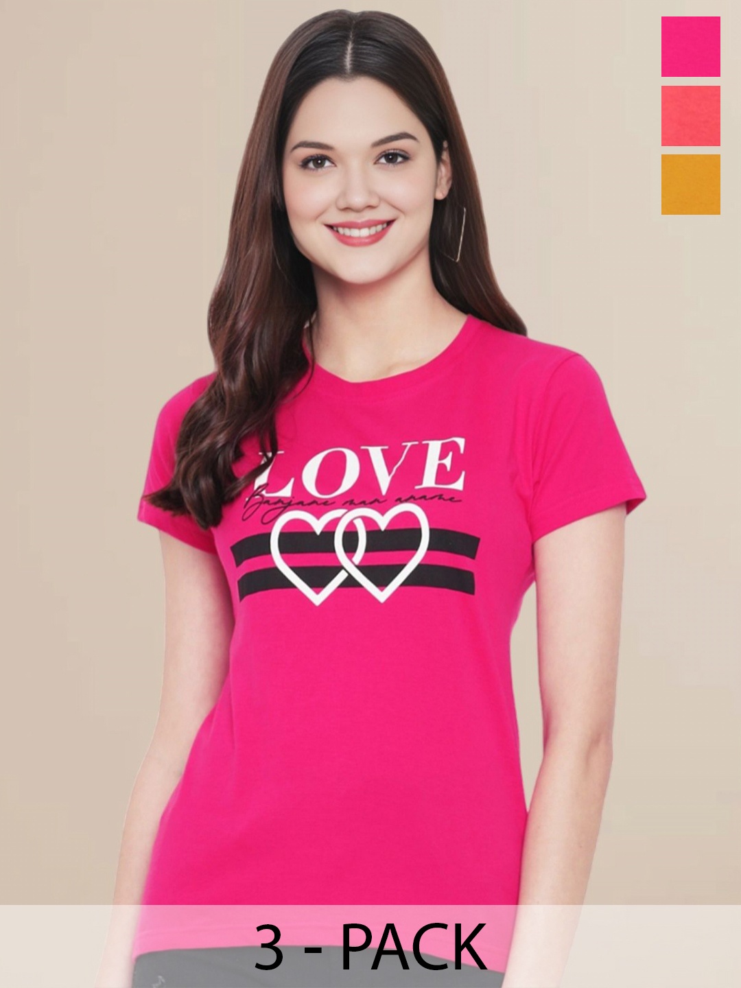 

Metronaut Women Pack Of 3 Typography Printed Round Neck Cotton T-shirts, Coral