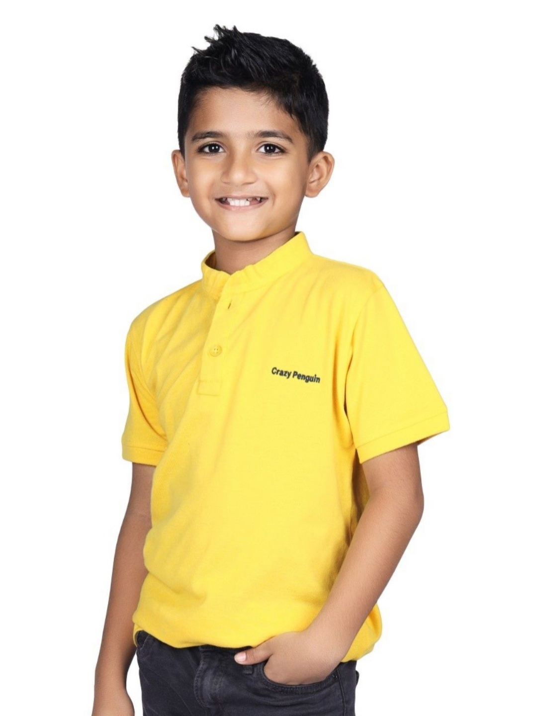 

CRAZYPENGUIN ELITE Boys Mandarin Collar Solid Cotton T-shirt, Yellow
