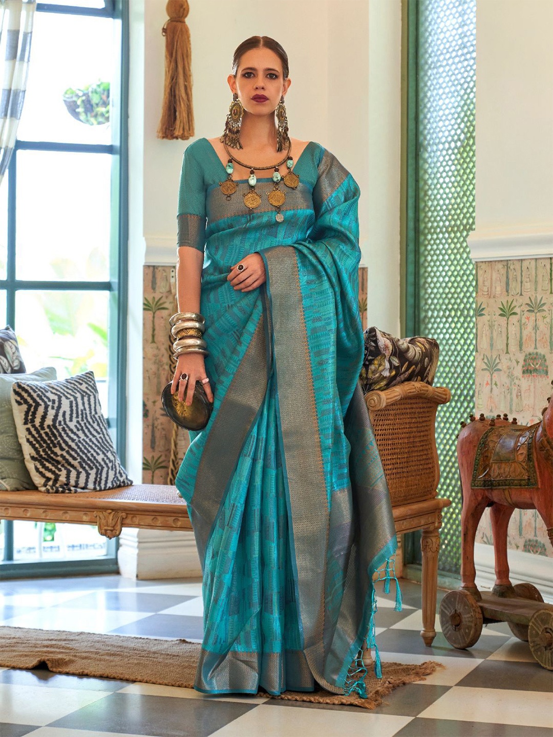 

ODETTE Zari Organza Saree, Green