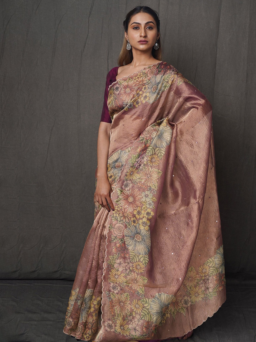 

Unnati Silks Ethnic Motifs Beads and Stones Organza Block Print Saree, Brown