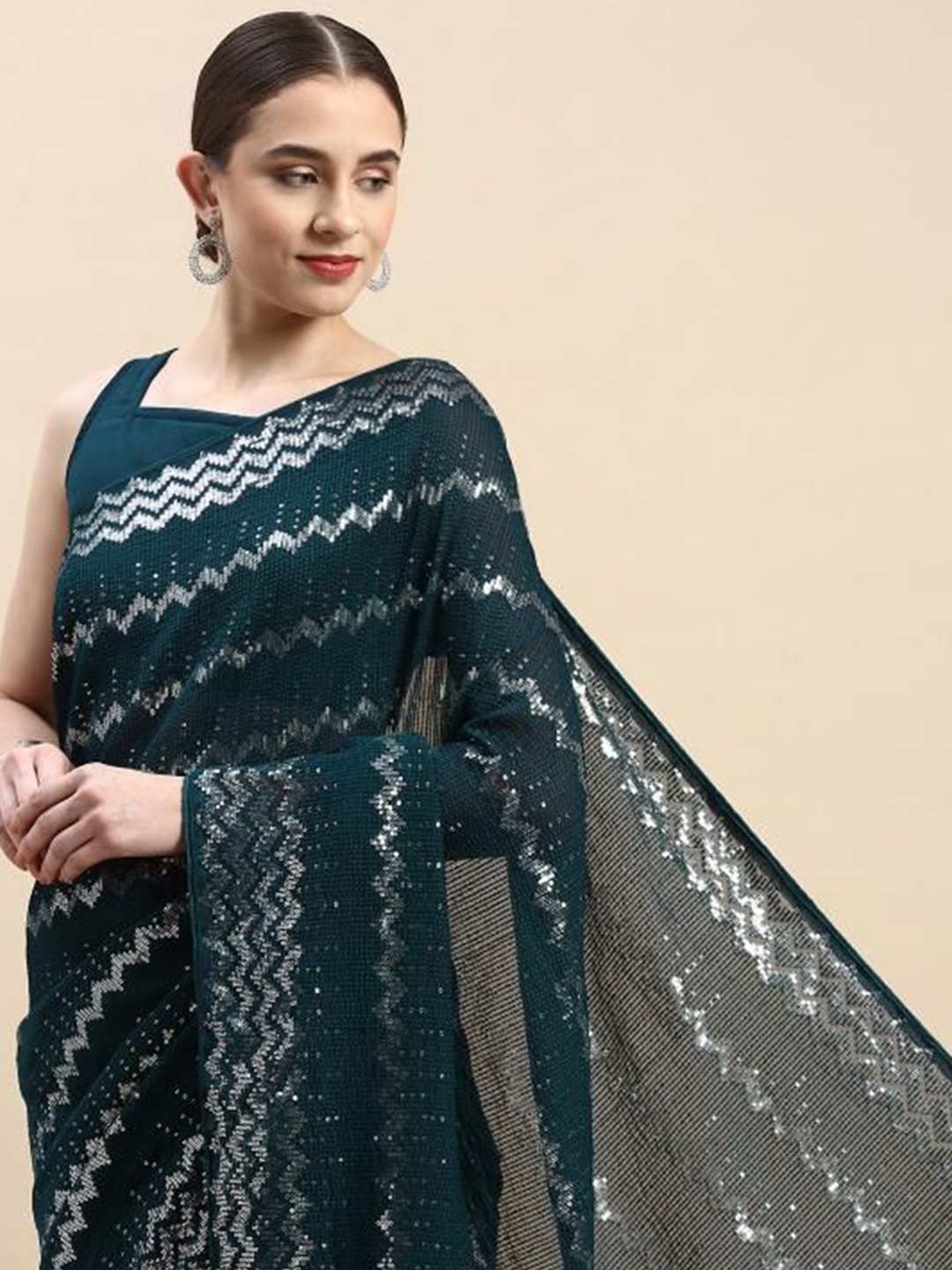 

HERE&NOW Sequinned Embellished Ready to Wear Saree, Teal