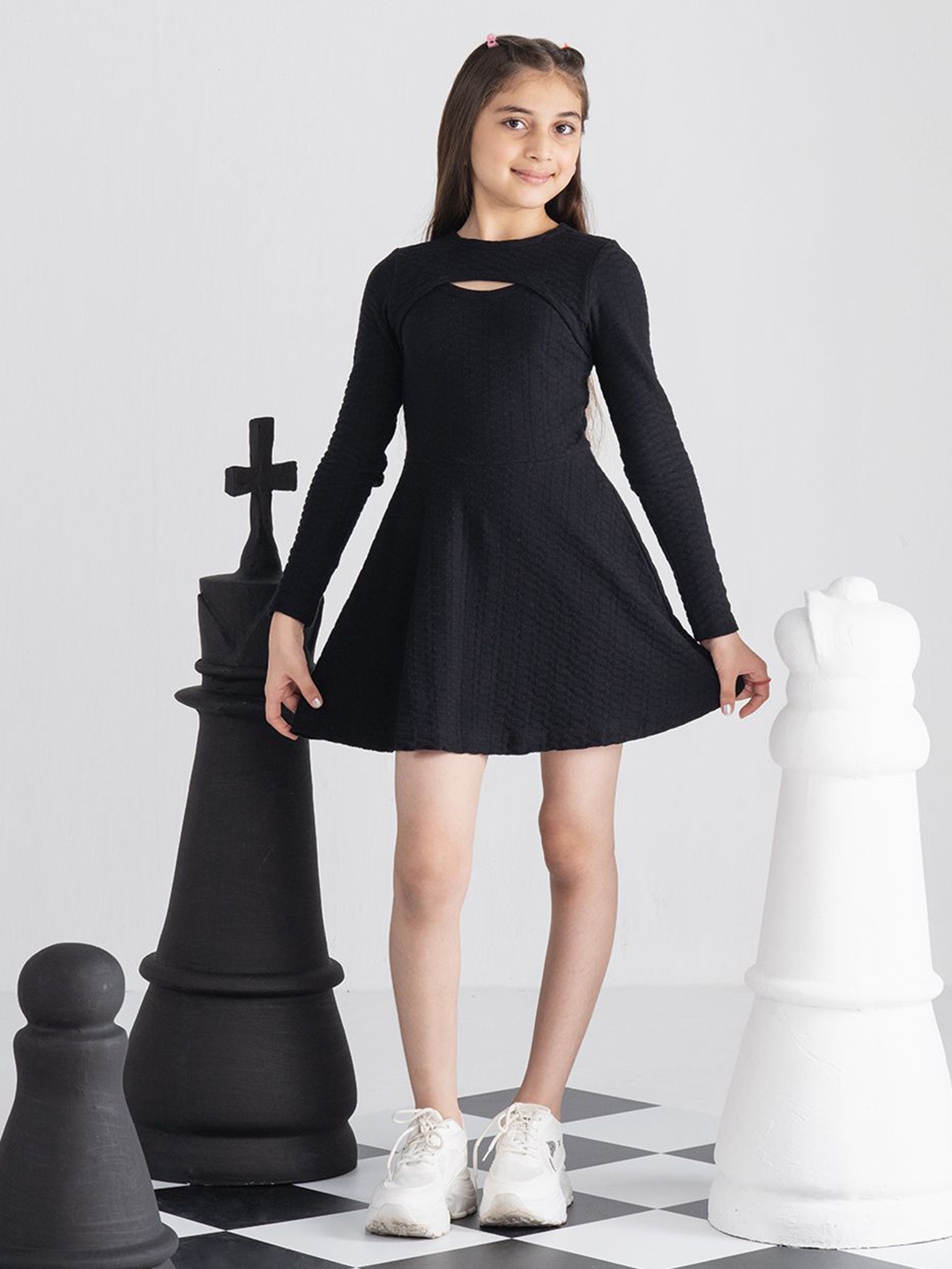 

SPUNKIES Girls Self Design Cotton Jacquard Fit & Flare Mini Dress, Black