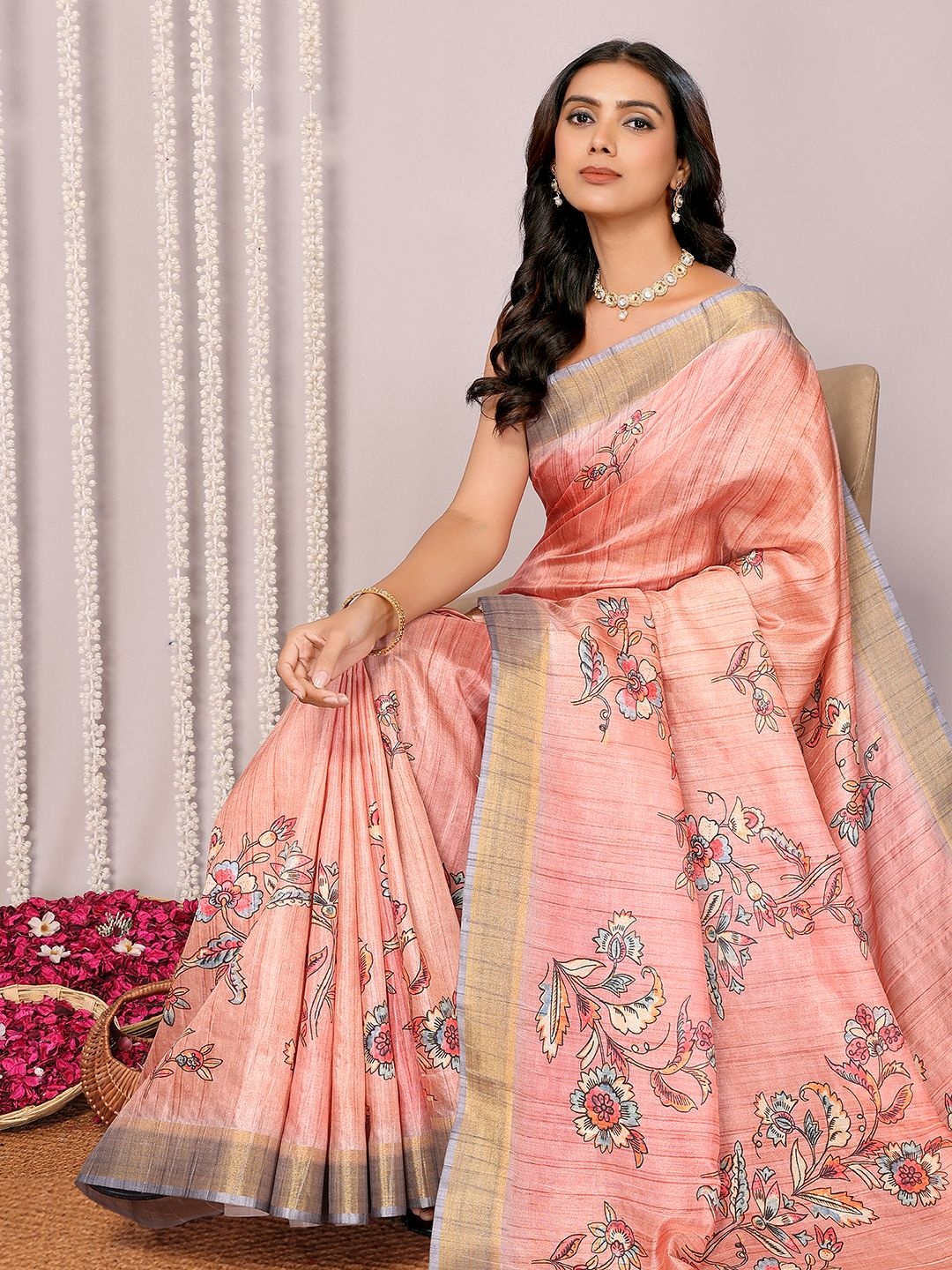 

KALINI Floral Zari Silk Blend Chanderi Saree, Peach