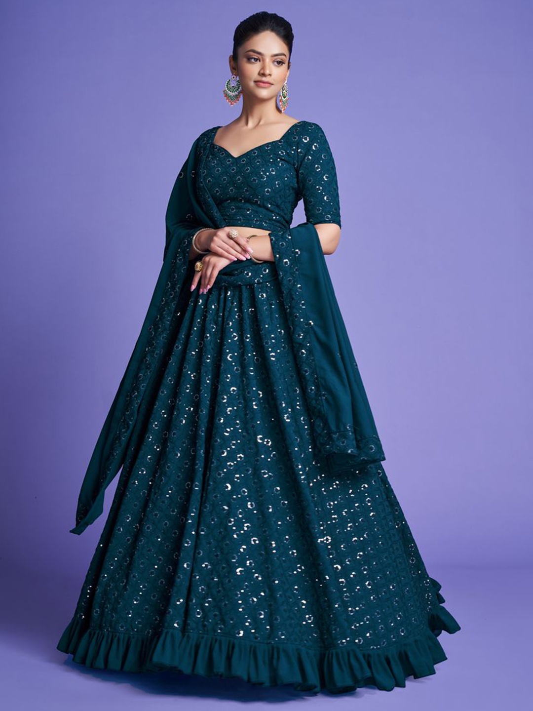 

Ethnic Yard Embroidered Sequinned Semi-Stitched Lehenga & Unstitched Blouse With Dupatta, Turquoise blue