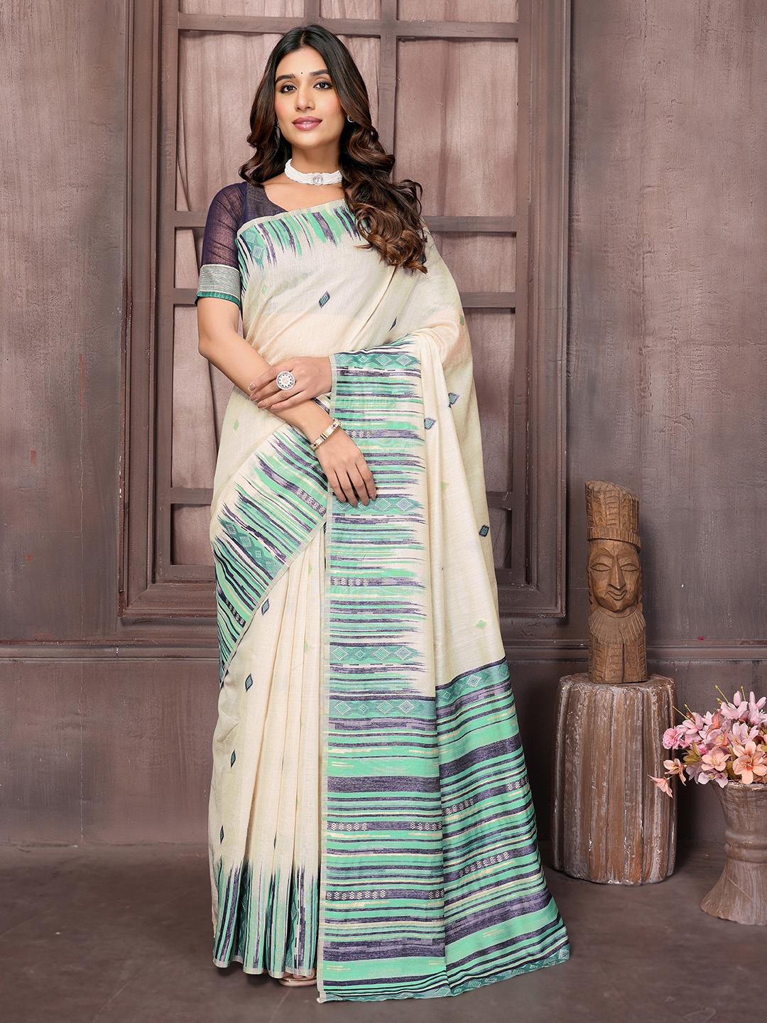 

KALINI Women Chanderi Geometric Woven Design Saree With Blouse Piece, Blue